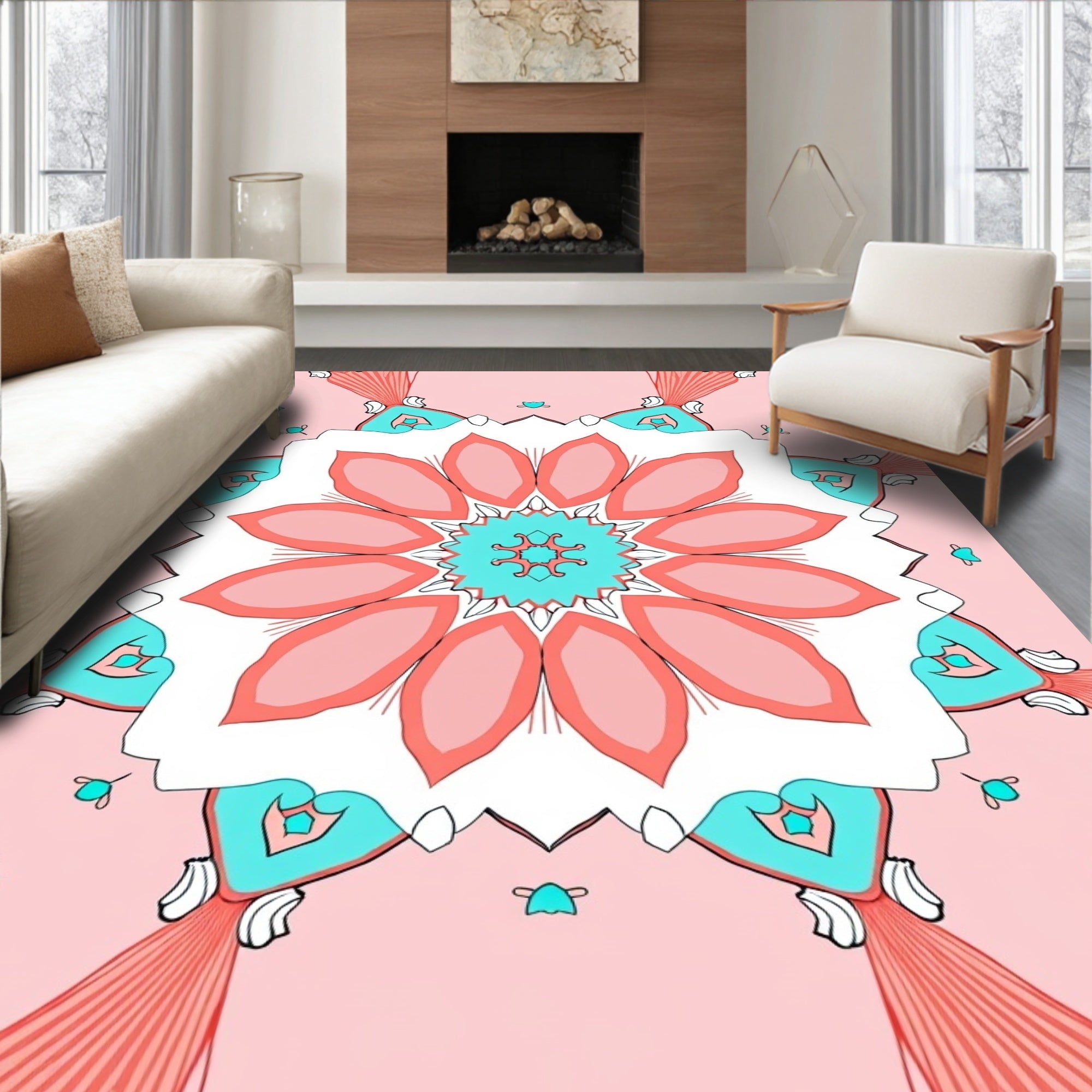 Coral Teal Floral Mandala Design Rug