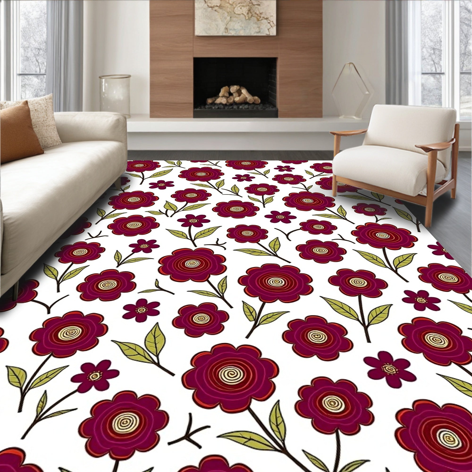 Crimson Floral Pattern With Spiral Center Rug