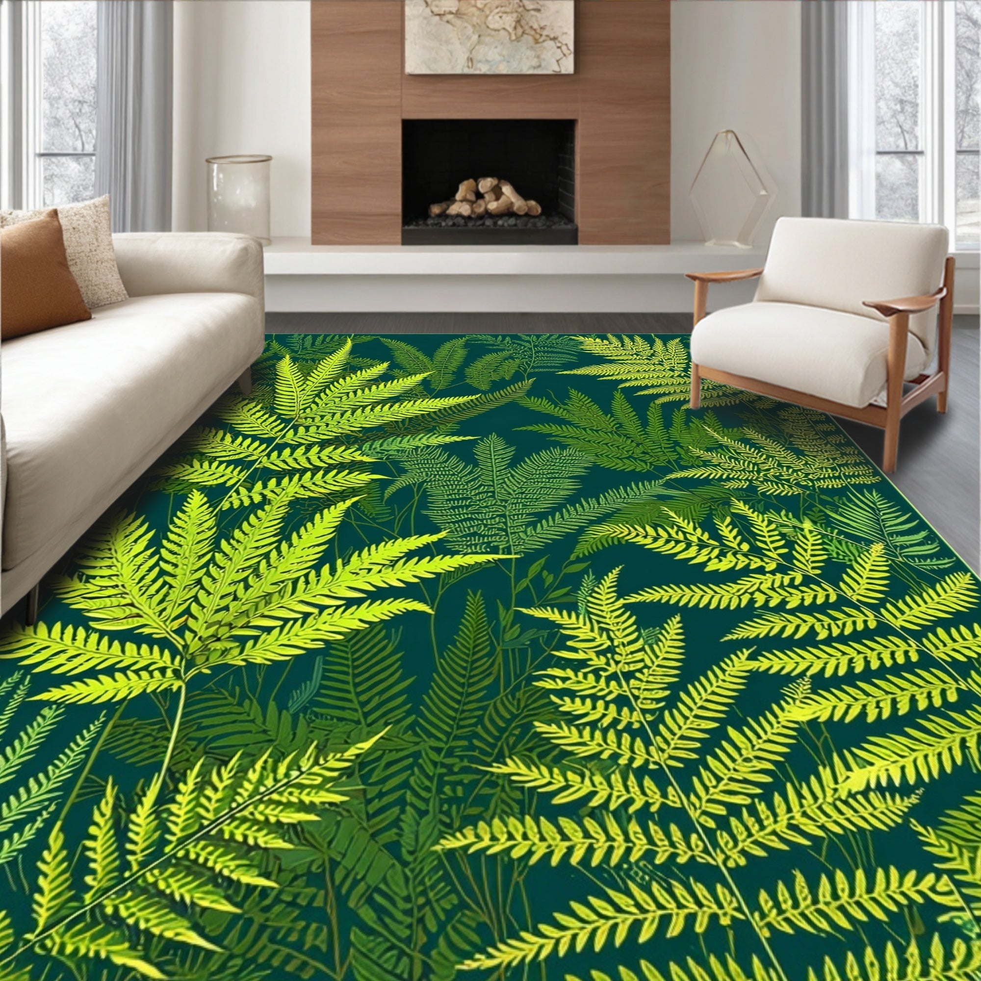 Lush Green Fern Frond Pattern Rug