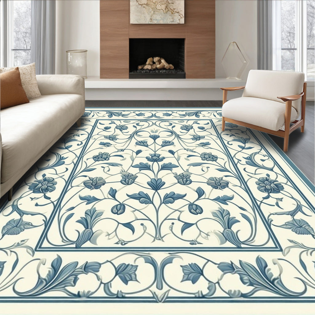Classic Blue Botanical Floral Filigree Rug