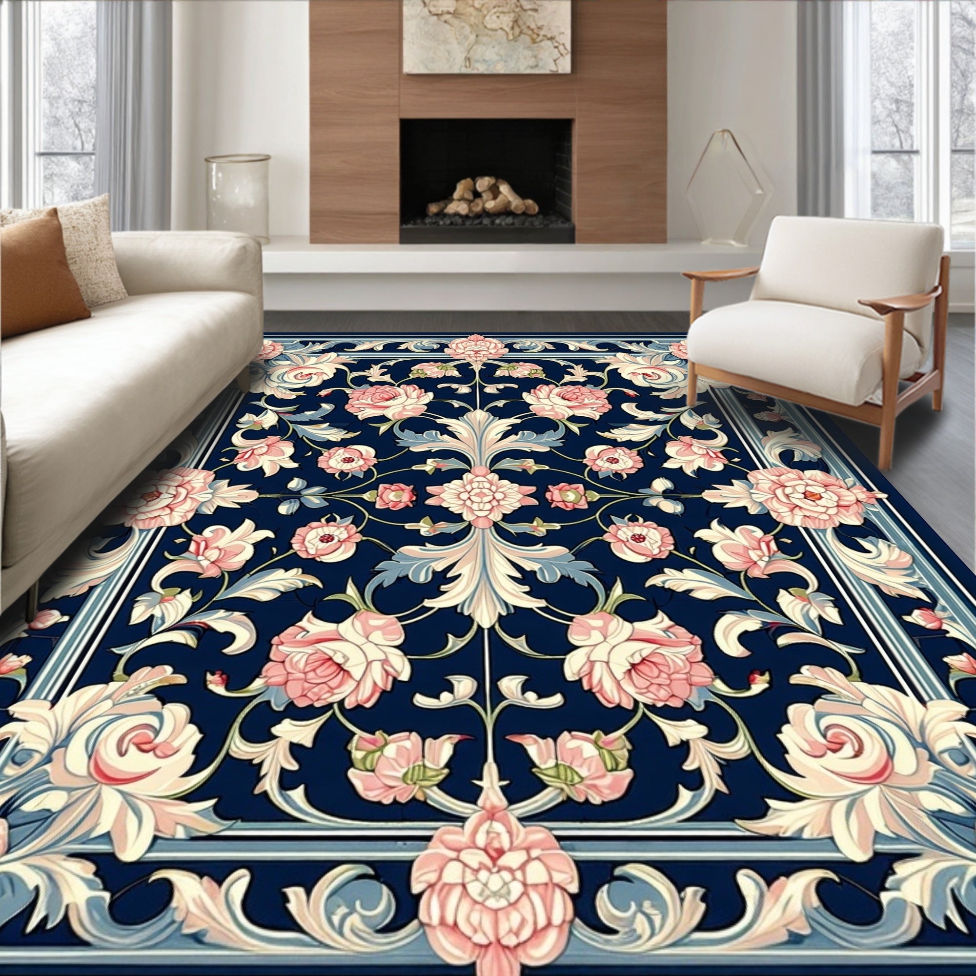Vintage Floral Scroll Navy Rug