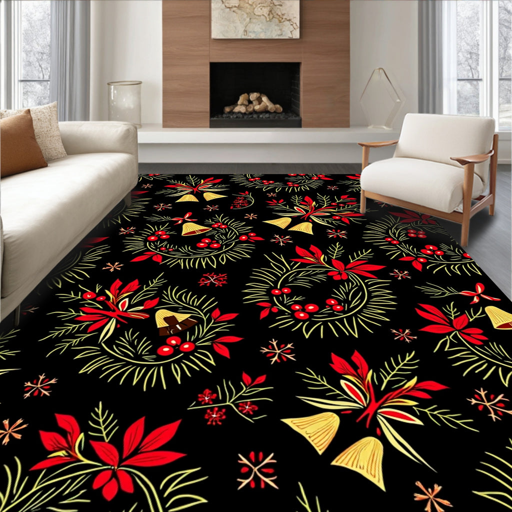 Festive Red Gold Wreath Holly Bells Rug