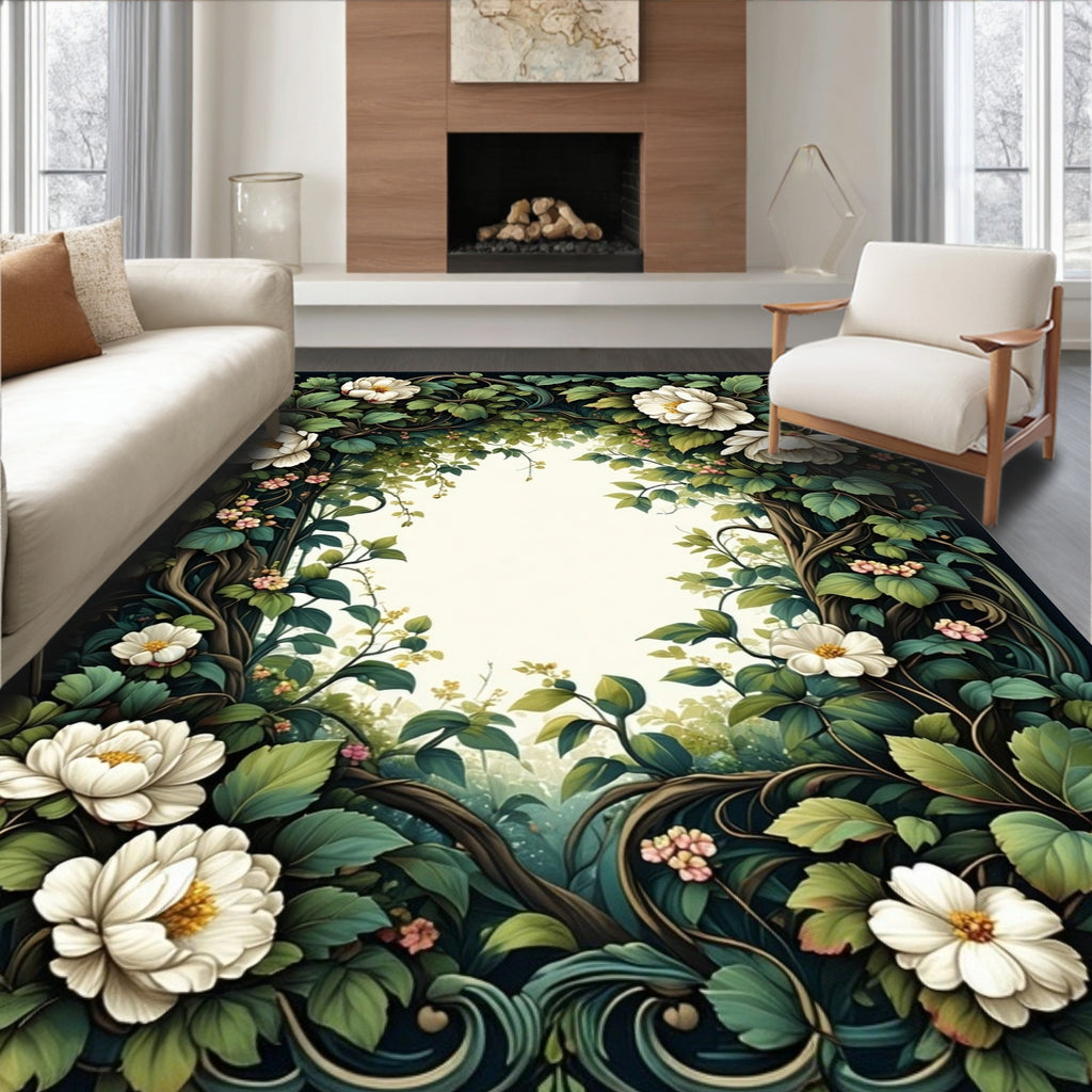 Floral Vine With White Peony Pattern Rug