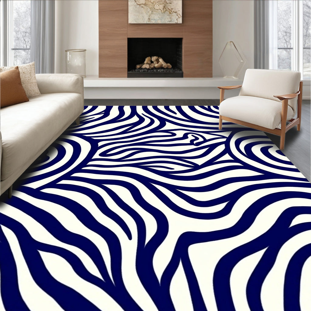 Bold Navy Zebra Print Design Rug