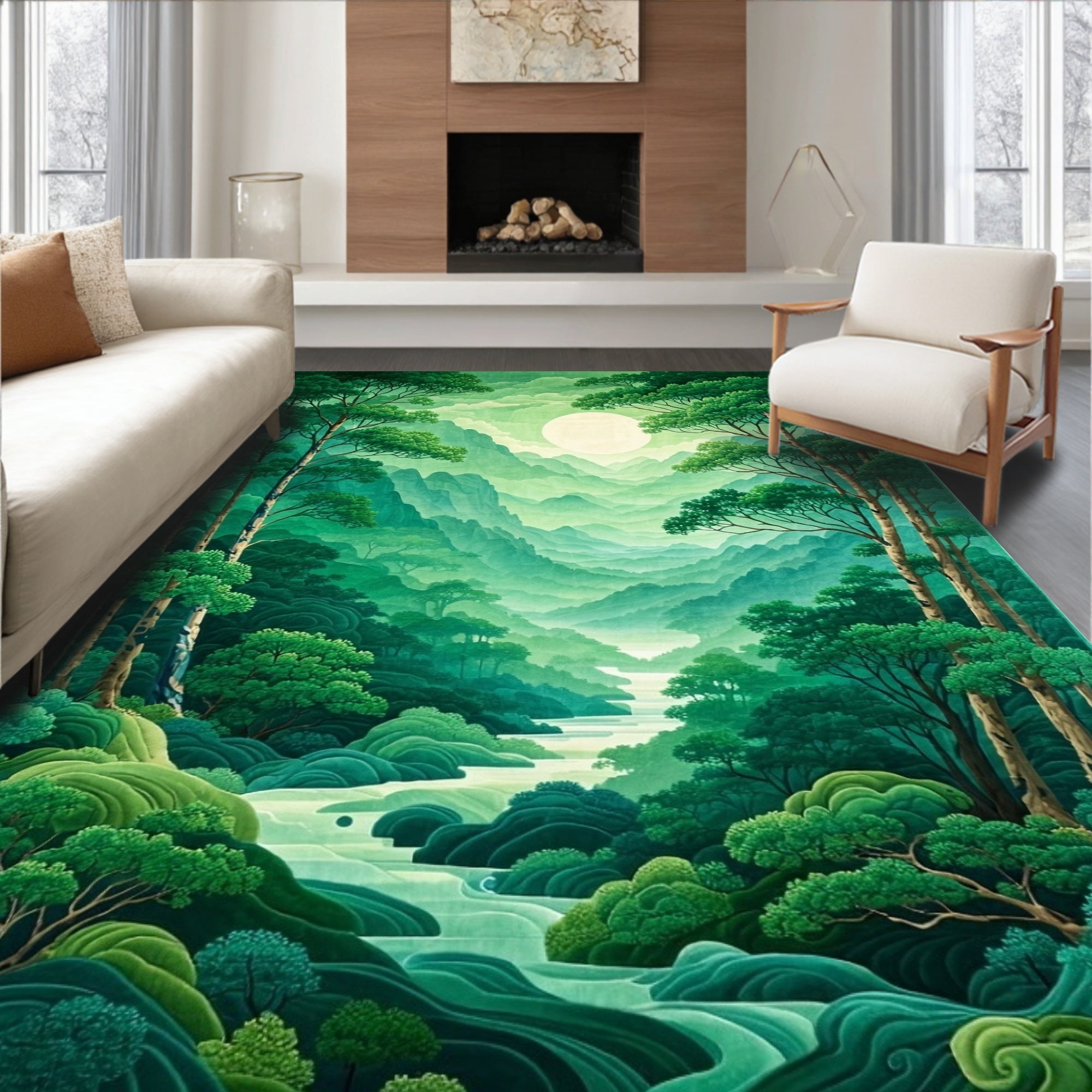 Misty Mountain Lush Forest River Rug