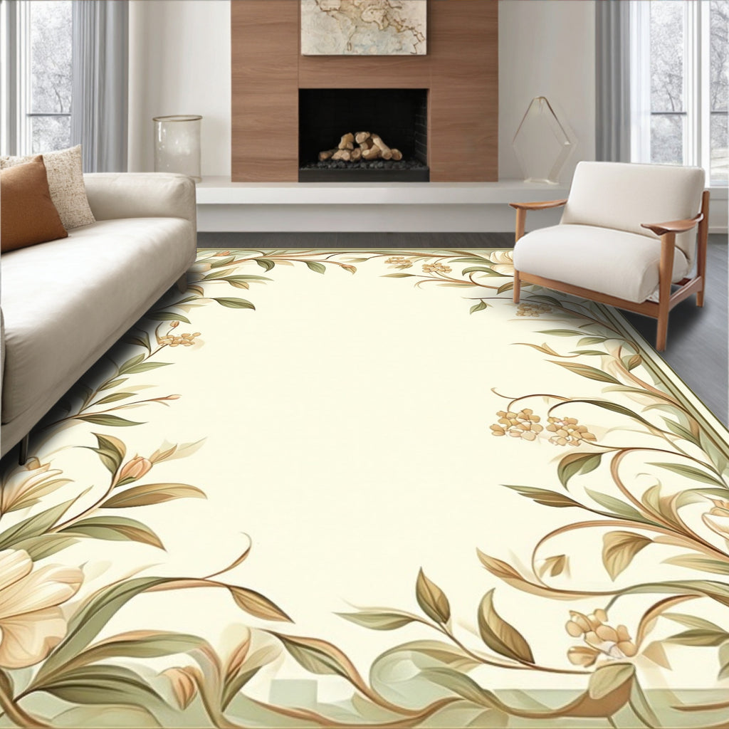 Aesthetic Neutral Floral Border Design Rug