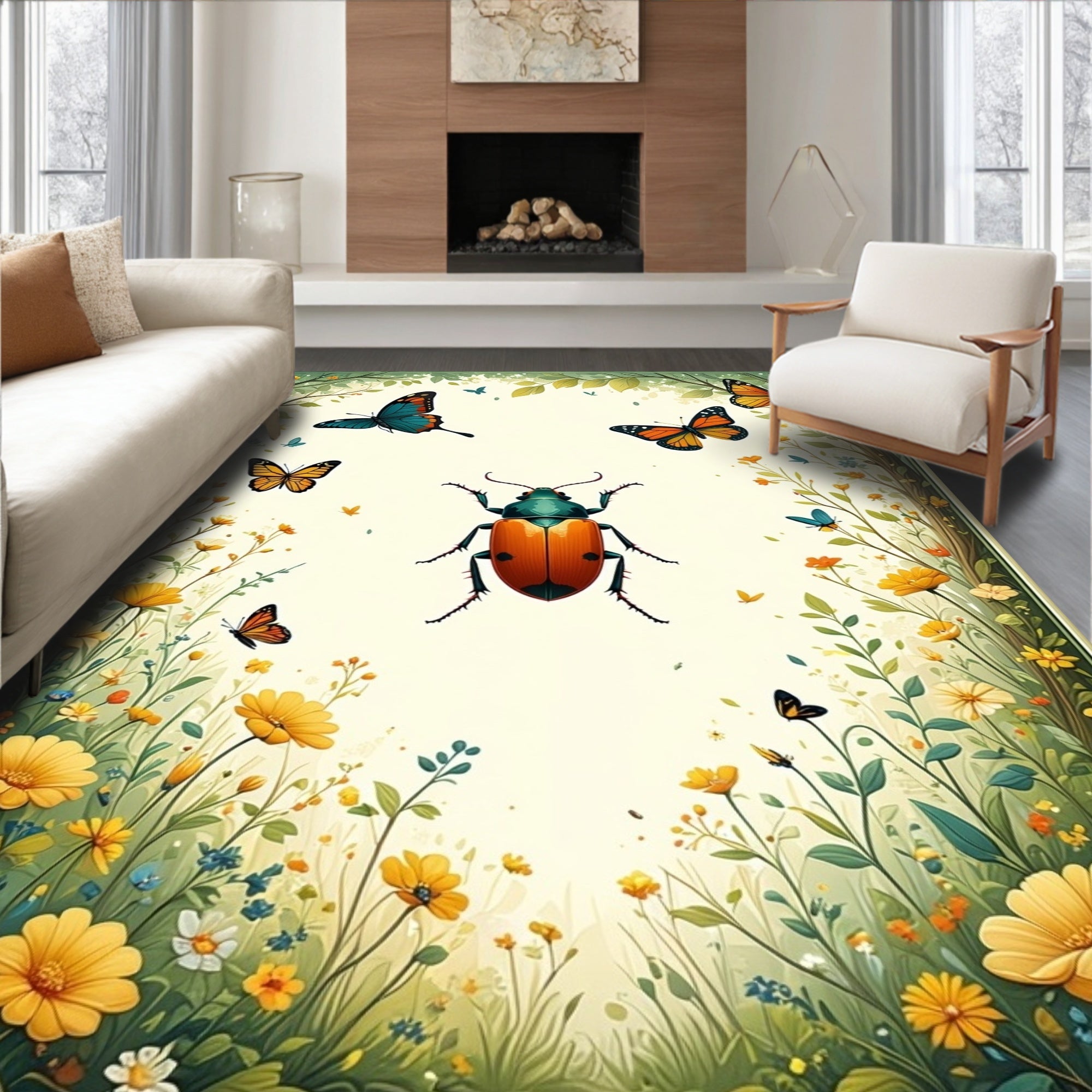 Whimsical Garden Bug Butterfly Pattern Rug