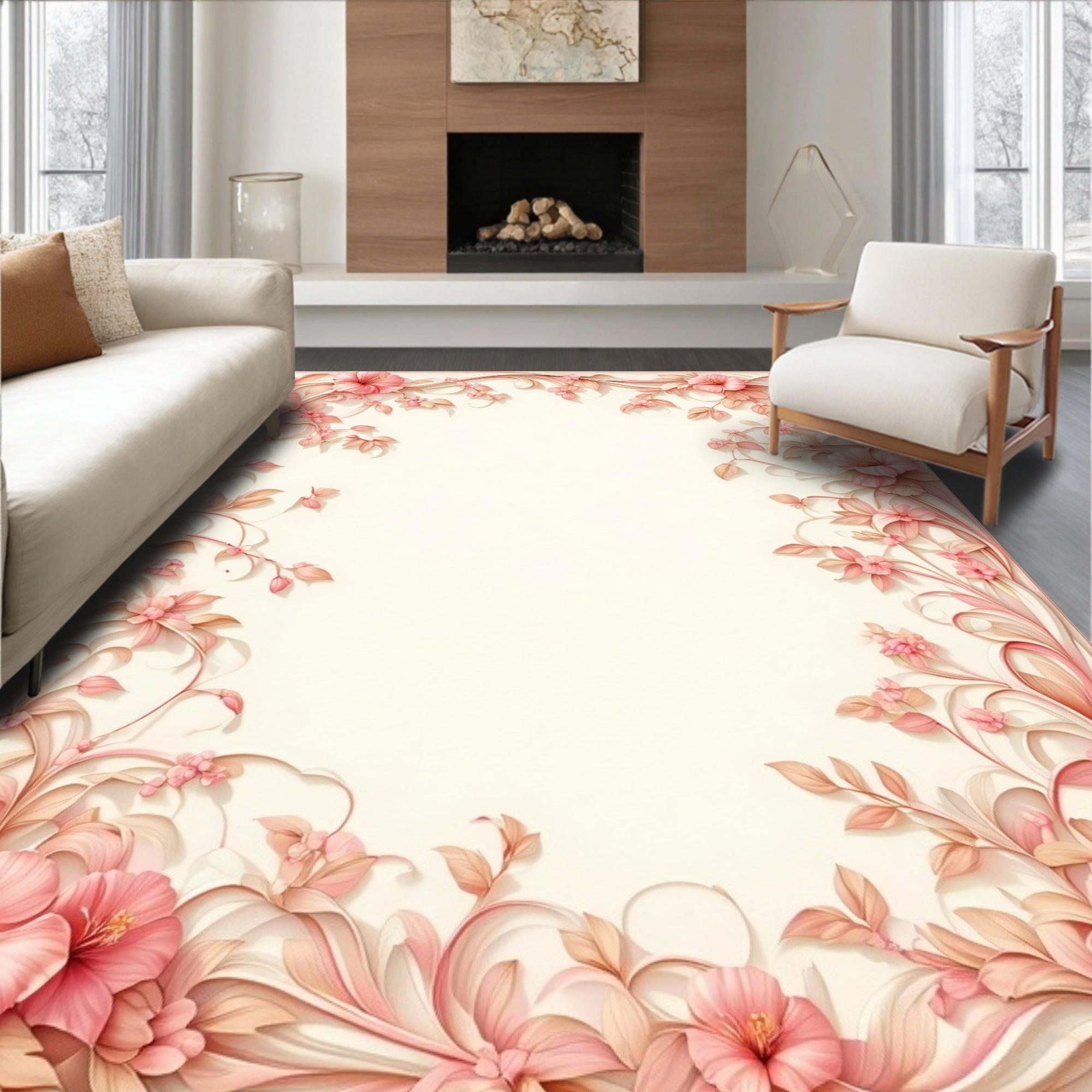 Pink Floral Scroll Feminine Design Rug