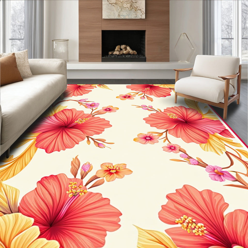 Vibrant Coral Hibiscus Floral Design Rug