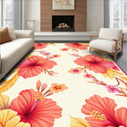 Vibrant Coral Hibiscus Floral Design Rug