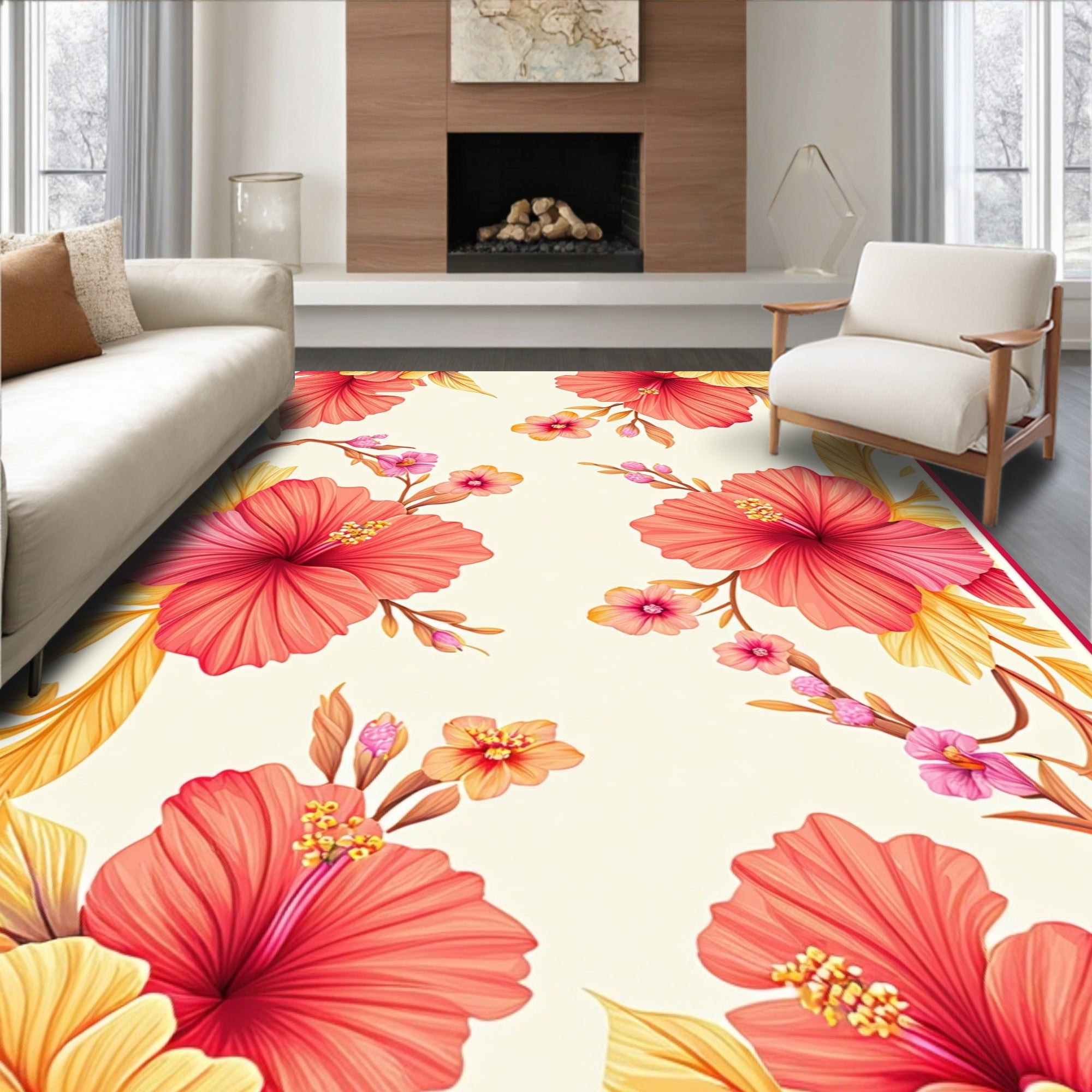 Vibrant Coral Hibiscus Floral Design Rug
