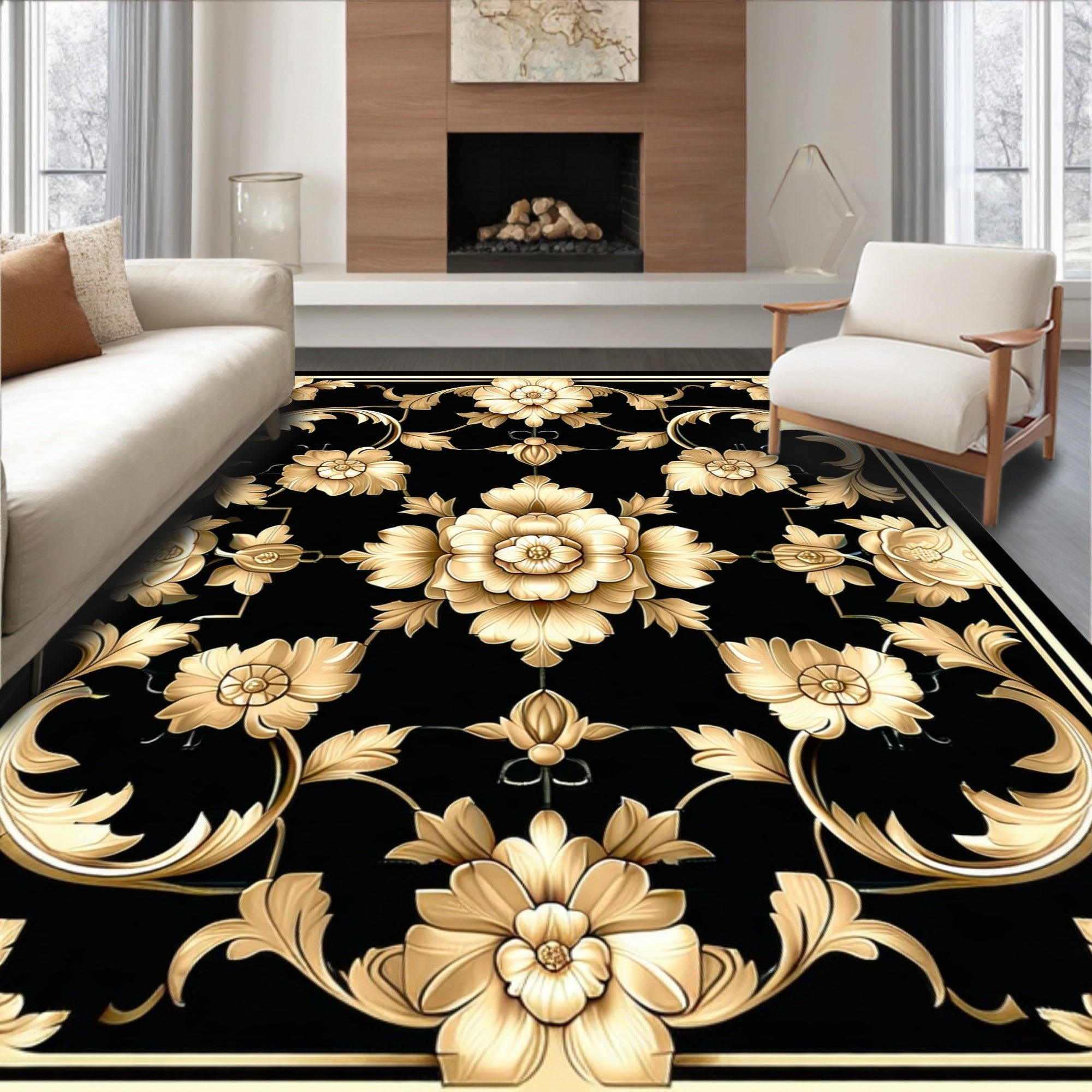 Golden Floral Scrollwork Pattern Rug