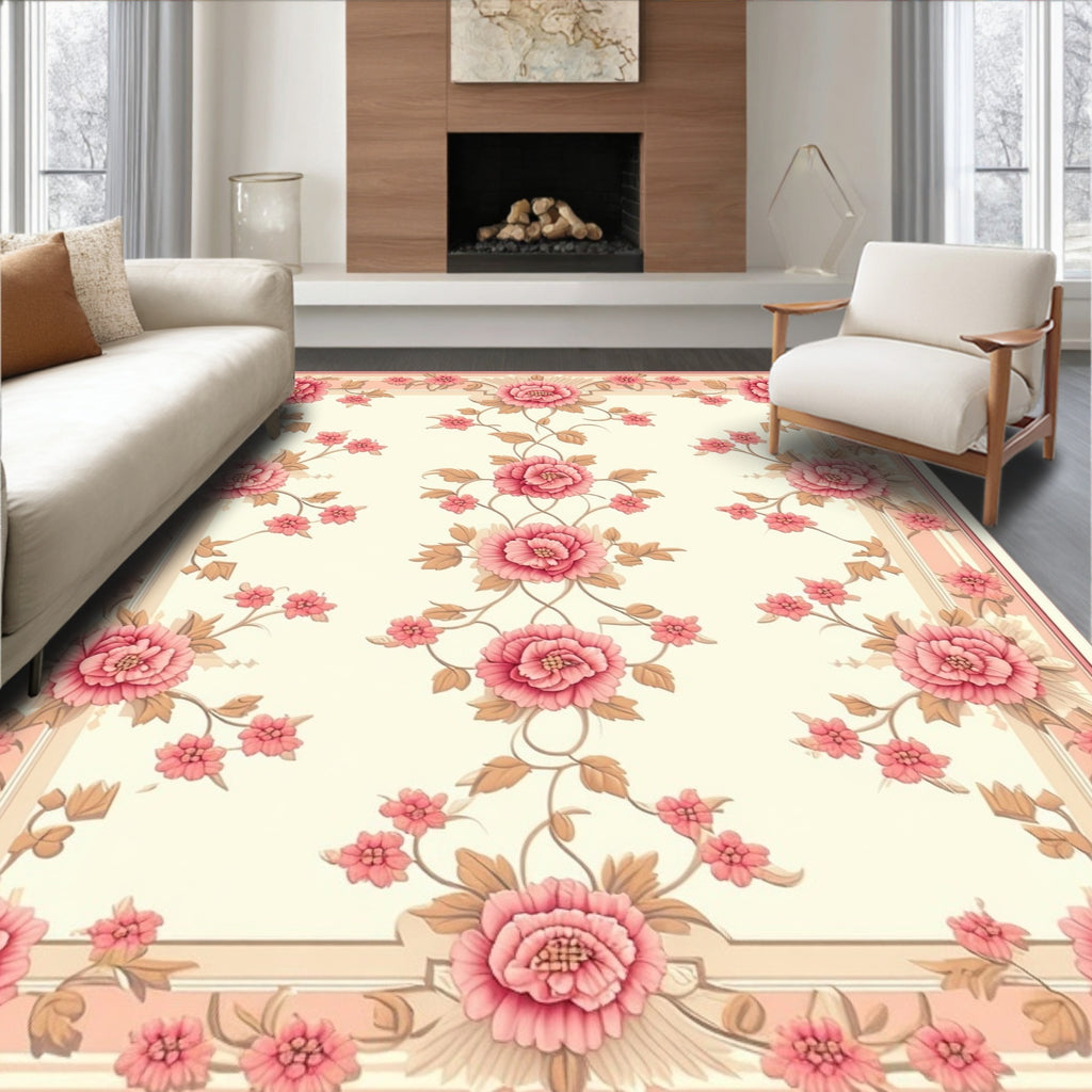 Elegant Pink Floral Botanical Design Rug