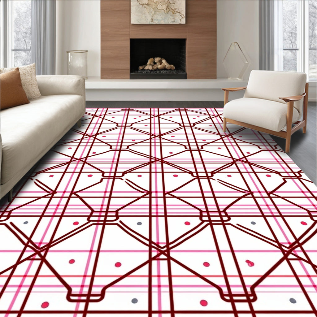 Deep Red Pink Plaid Diamond Dot Rug
