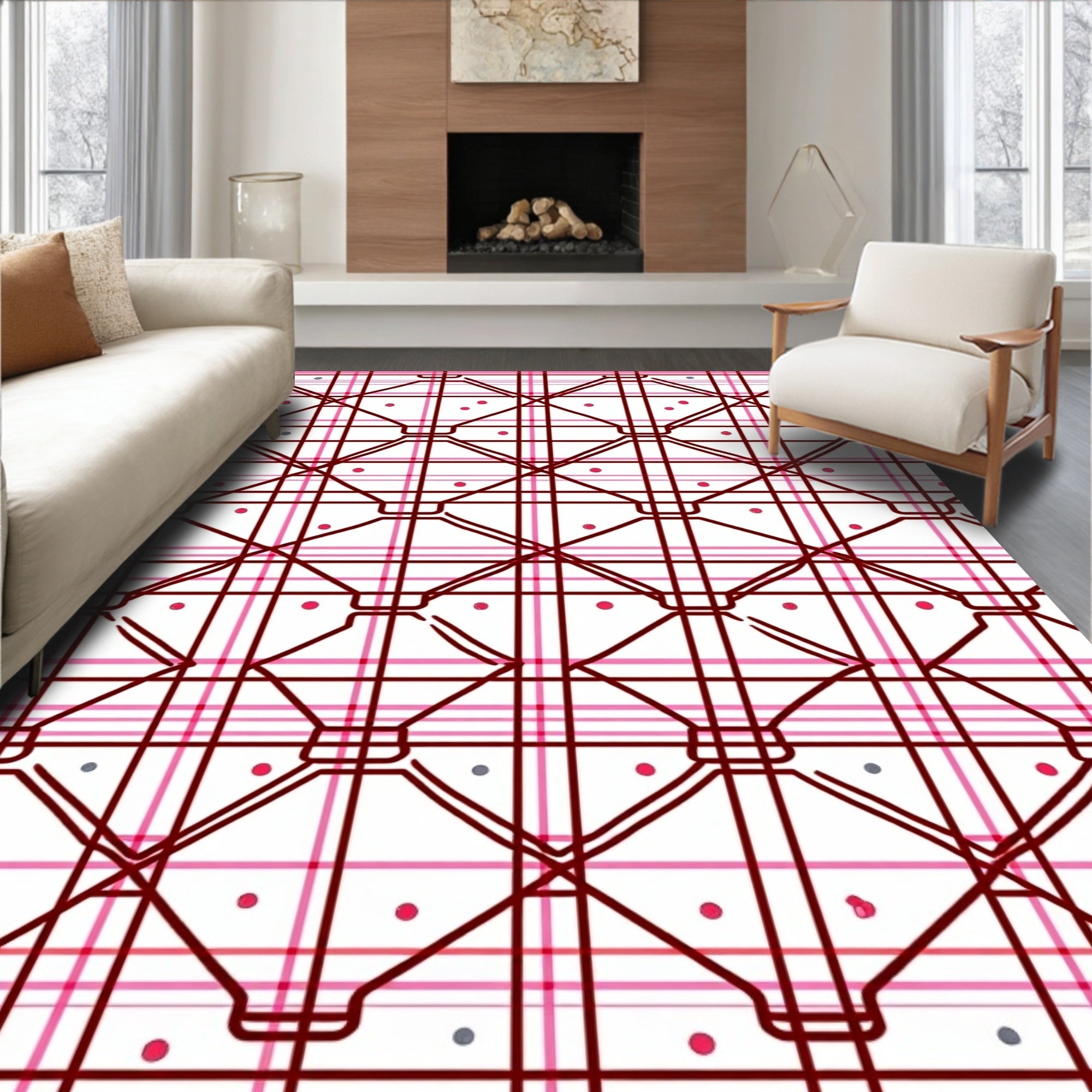 Deep Red Pink Plaid Diamond Dot Rug