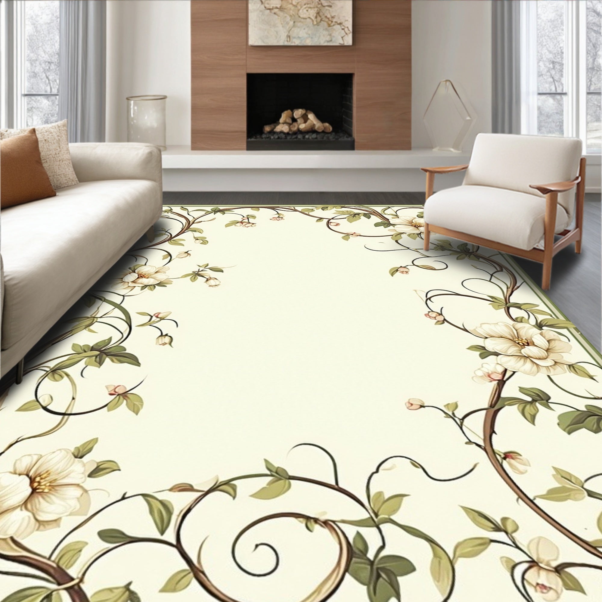 Botanical Vines With Cream Flowers Rug