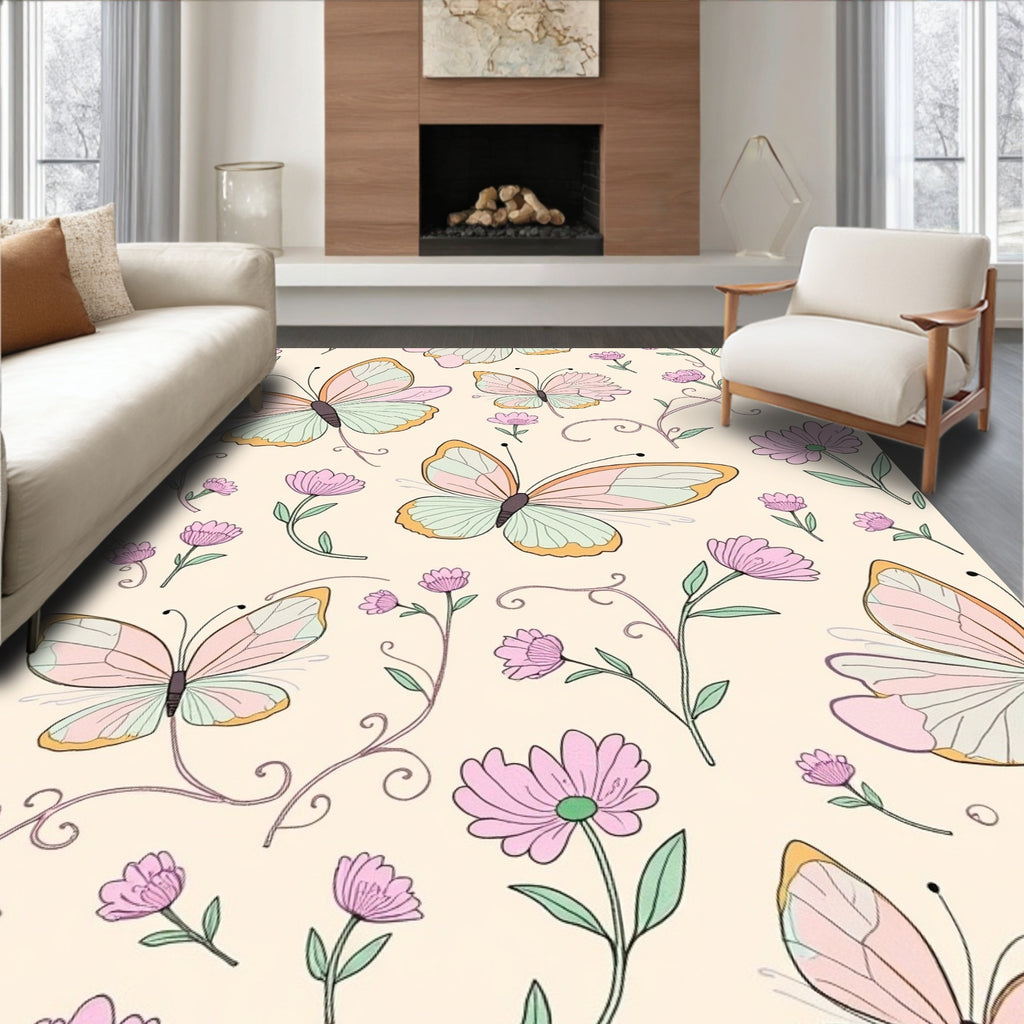 Pastel Butterflies and Delicate Flowers Pattern Rug