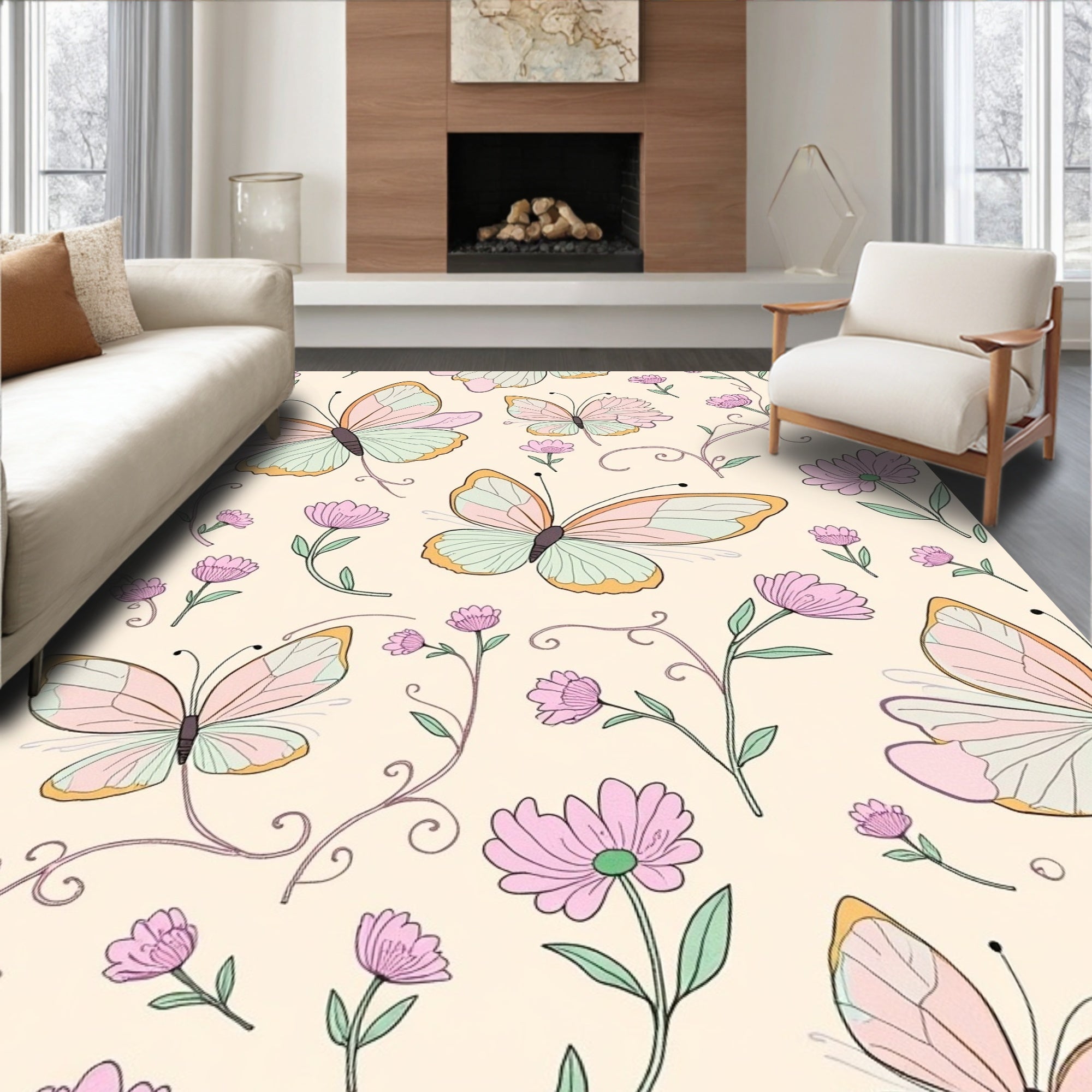 Pastel Butterflies and Delicate Flowers Pattern Rug