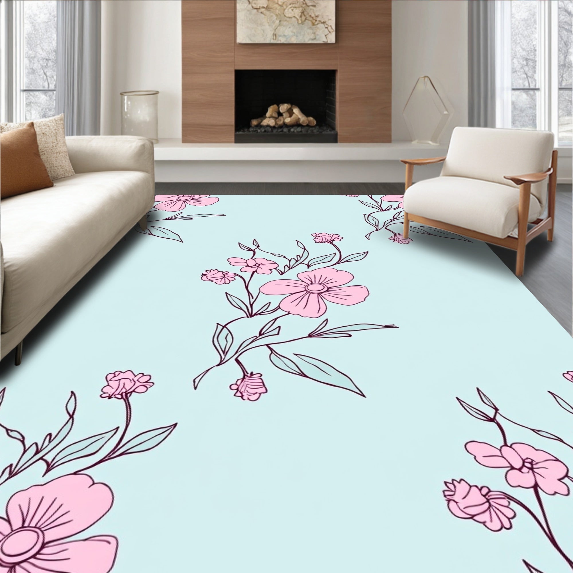Pastel Pink Floral Outline Design Rug