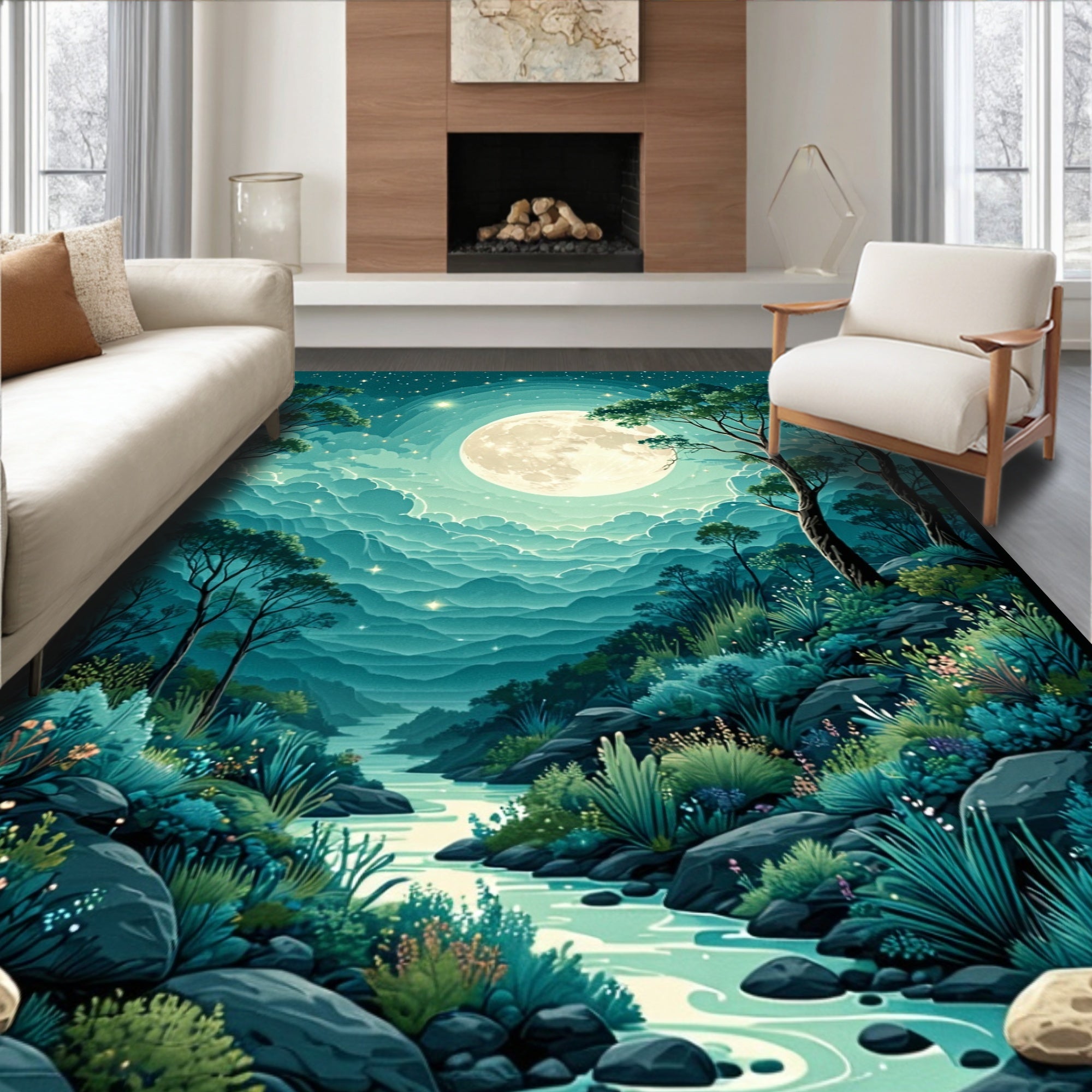 Mystical Moonlit Forest River Pattern Rug