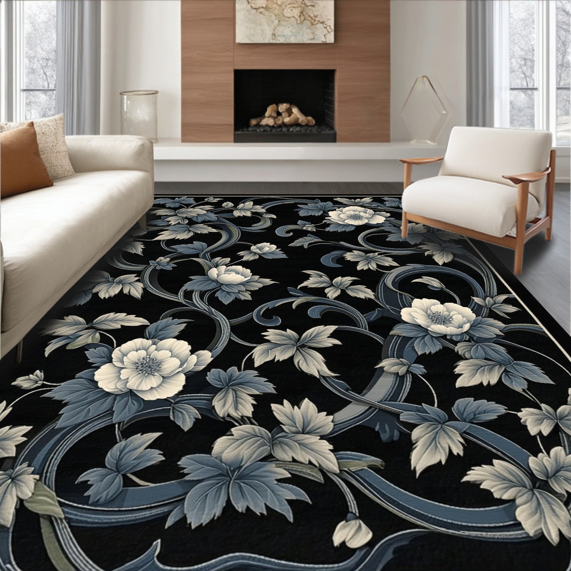 Dark Floral Swirls Botanical Patterned Rug