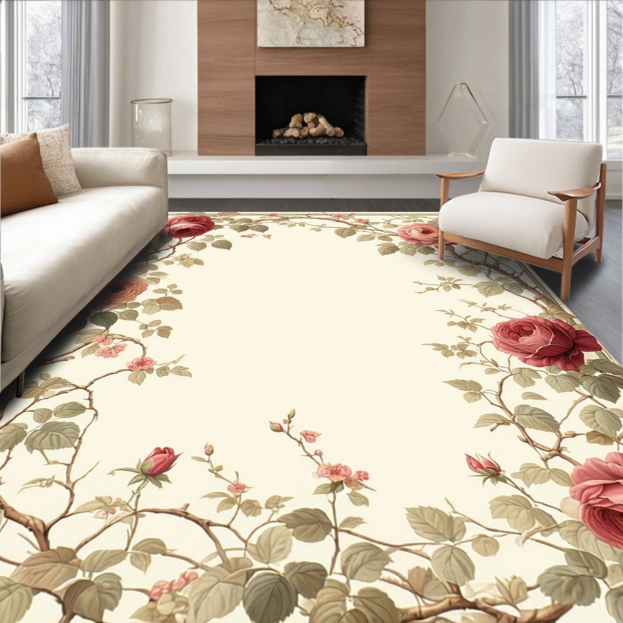 Vintage Rose Vine Border Pattern Rug