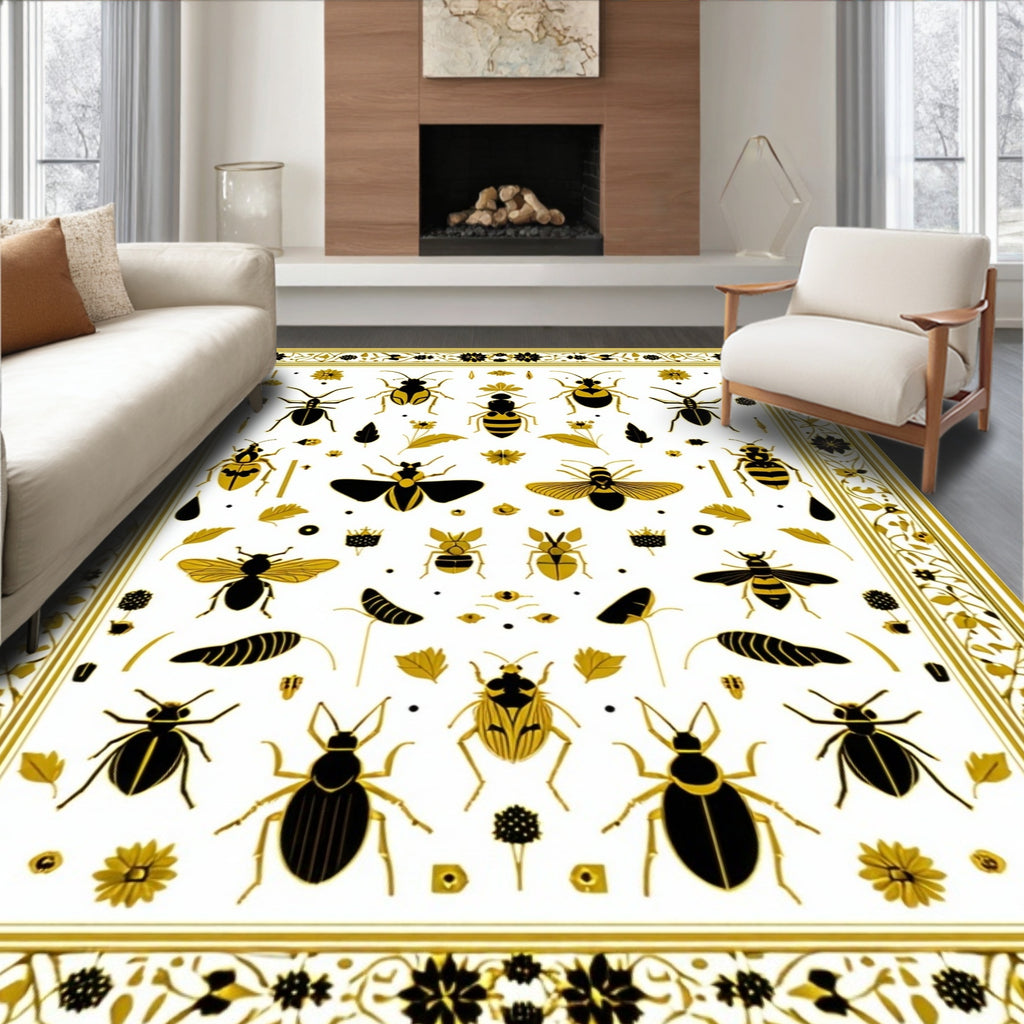 Golden Insect And Floral Pattern Rug