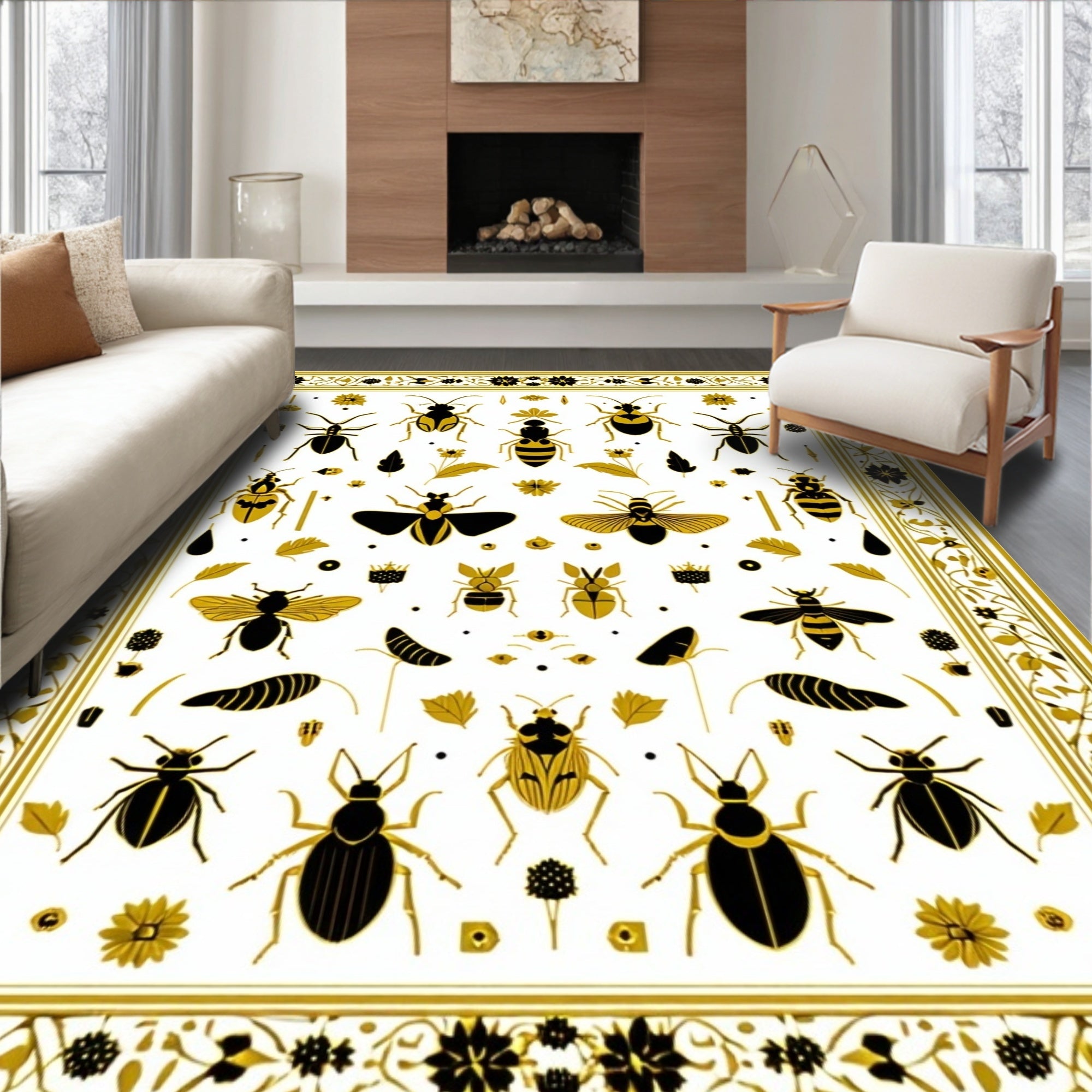 Golden Insect And Floral Pattern Rug