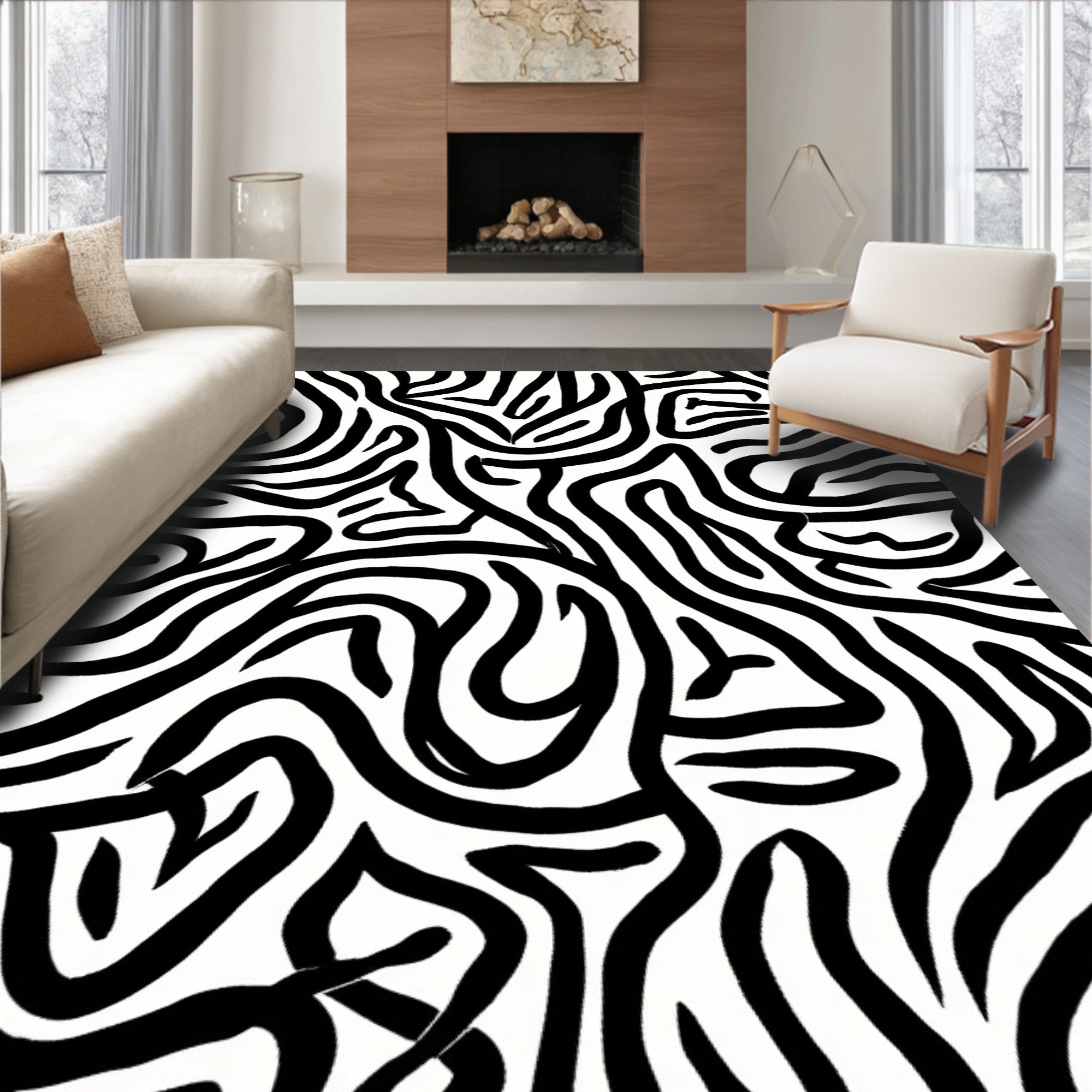 Bold Abstract Black White Stripes Rug