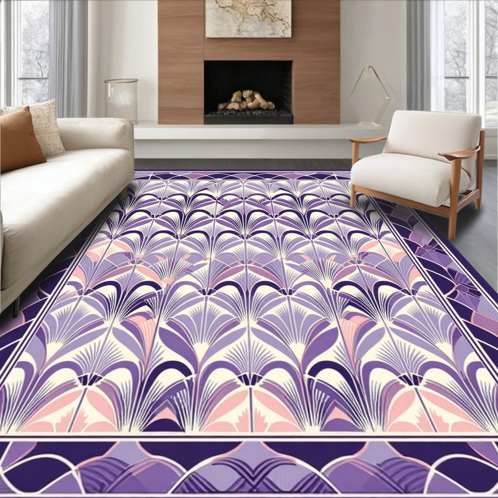 Art Deco Inspired Purple Feather Pattern Rug