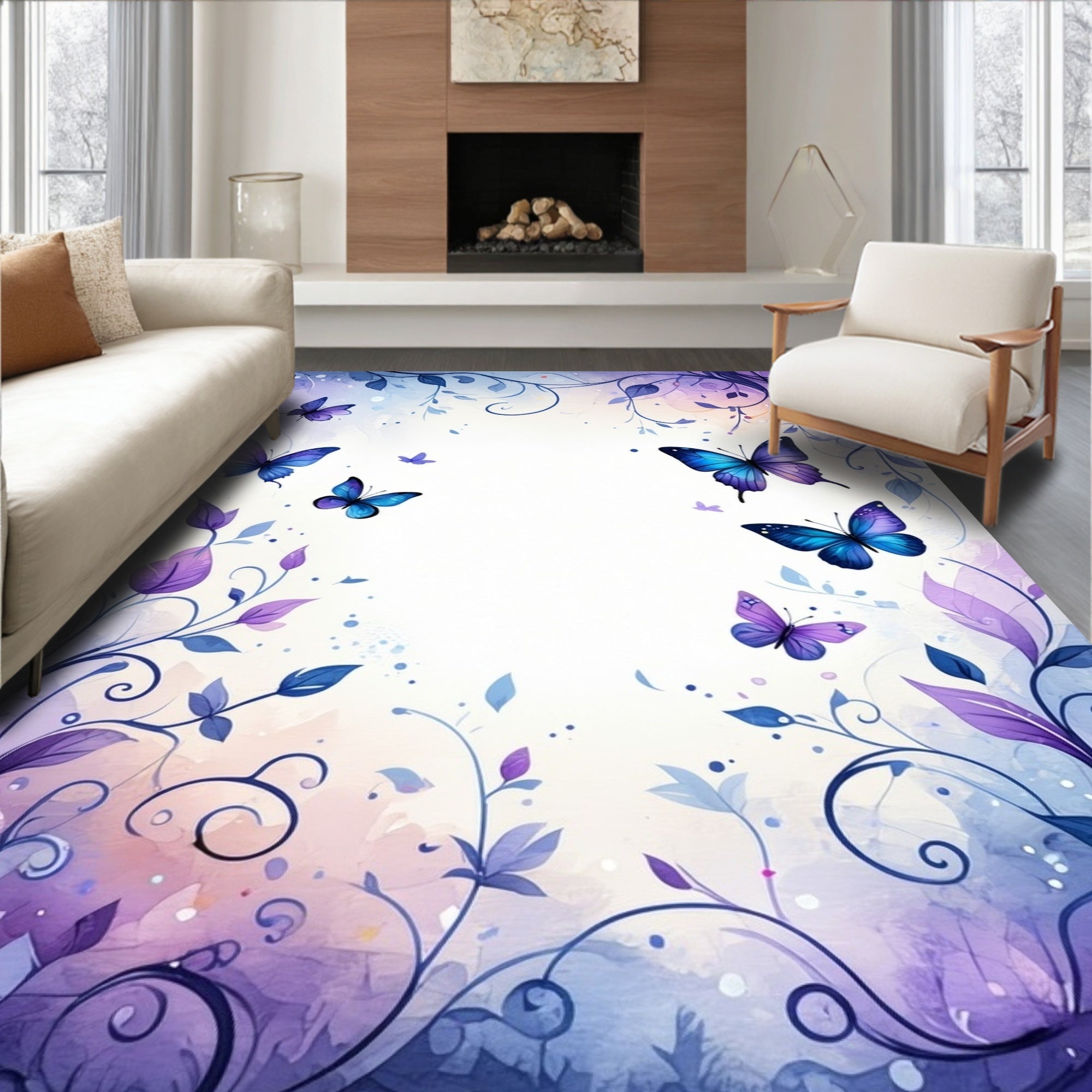 Whimsical Butterfly Floral Vine Design Rug