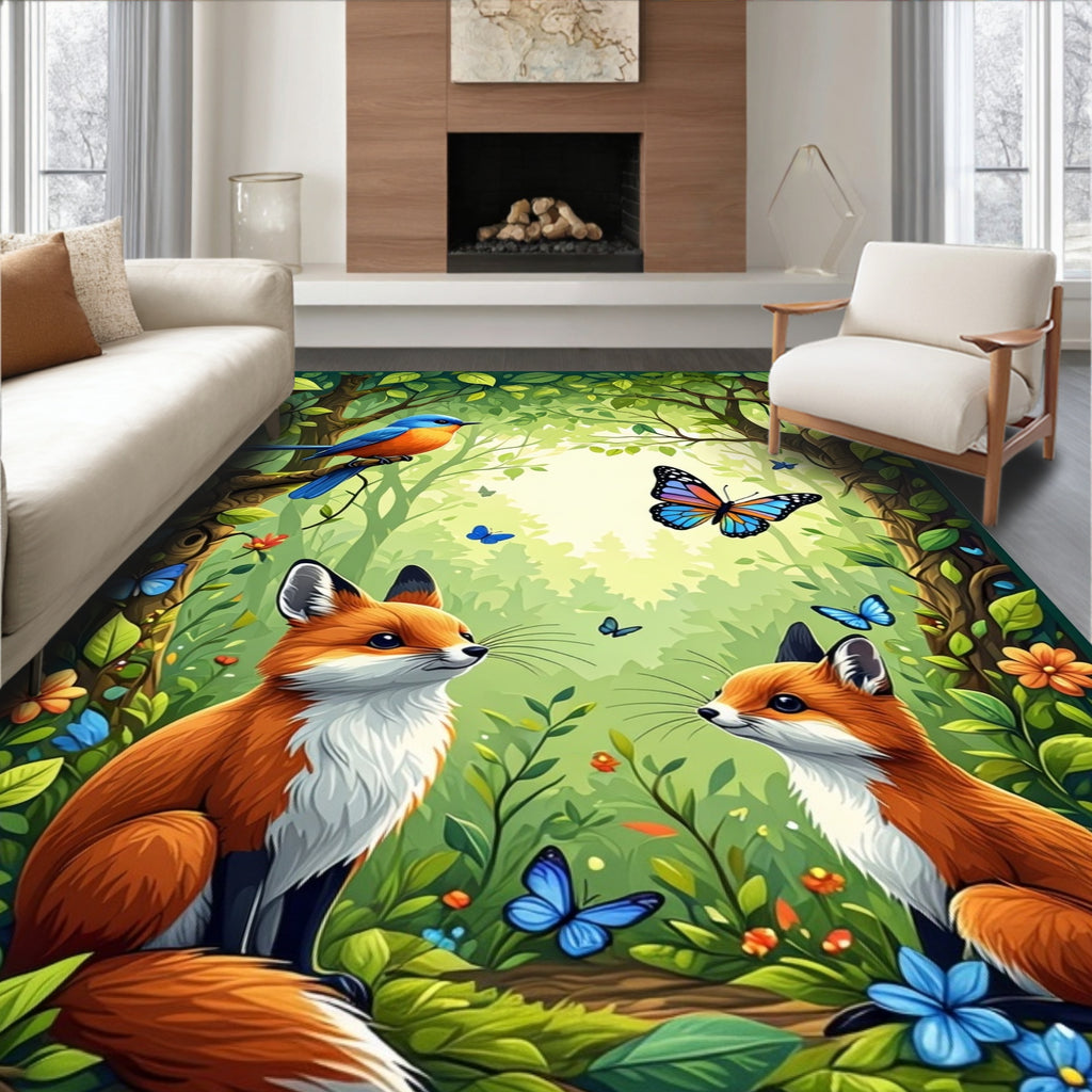 Whimsical Woodland Scene Foxes Butterflies Rug