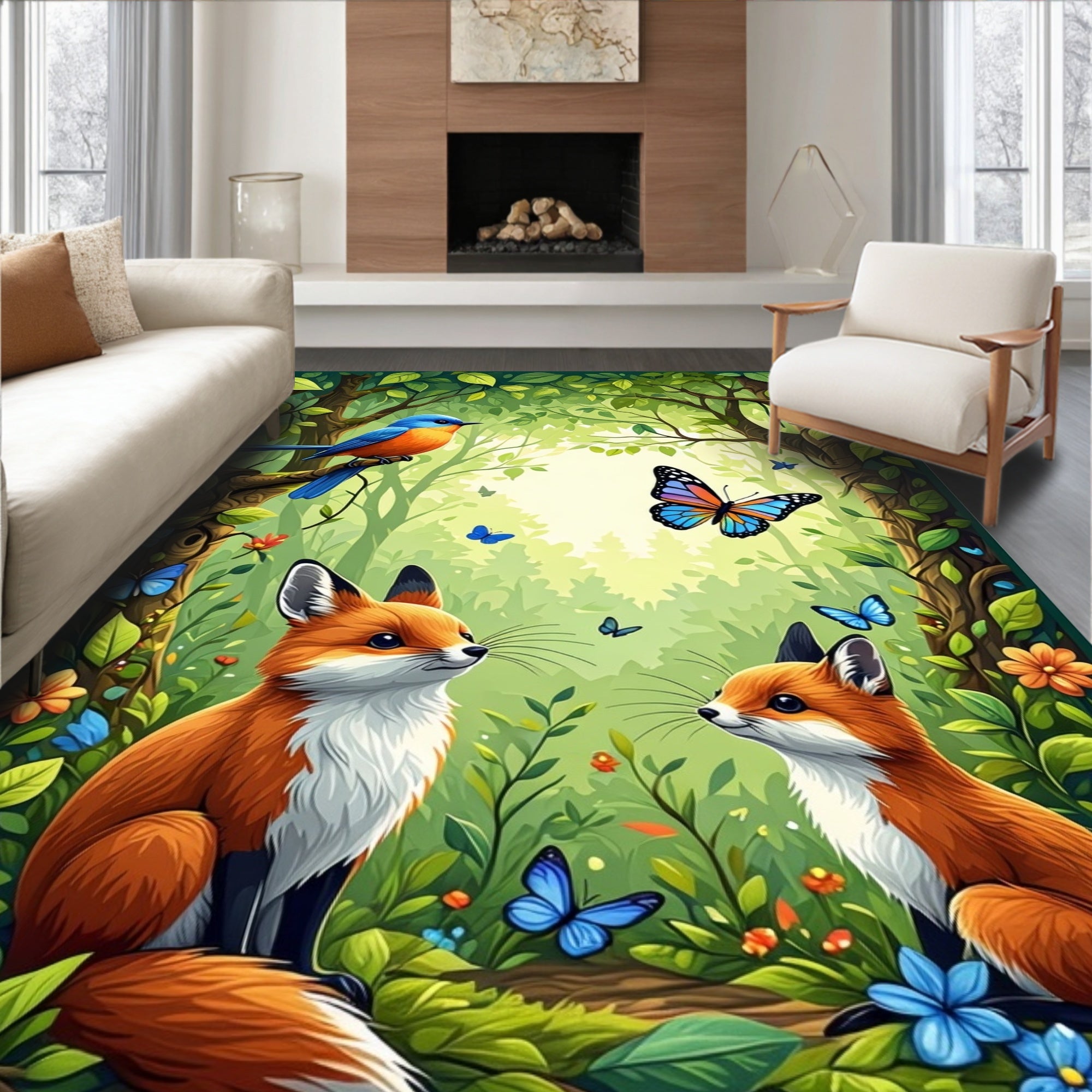 Whimsical Woodland Scene Foxes Butterflies Rug