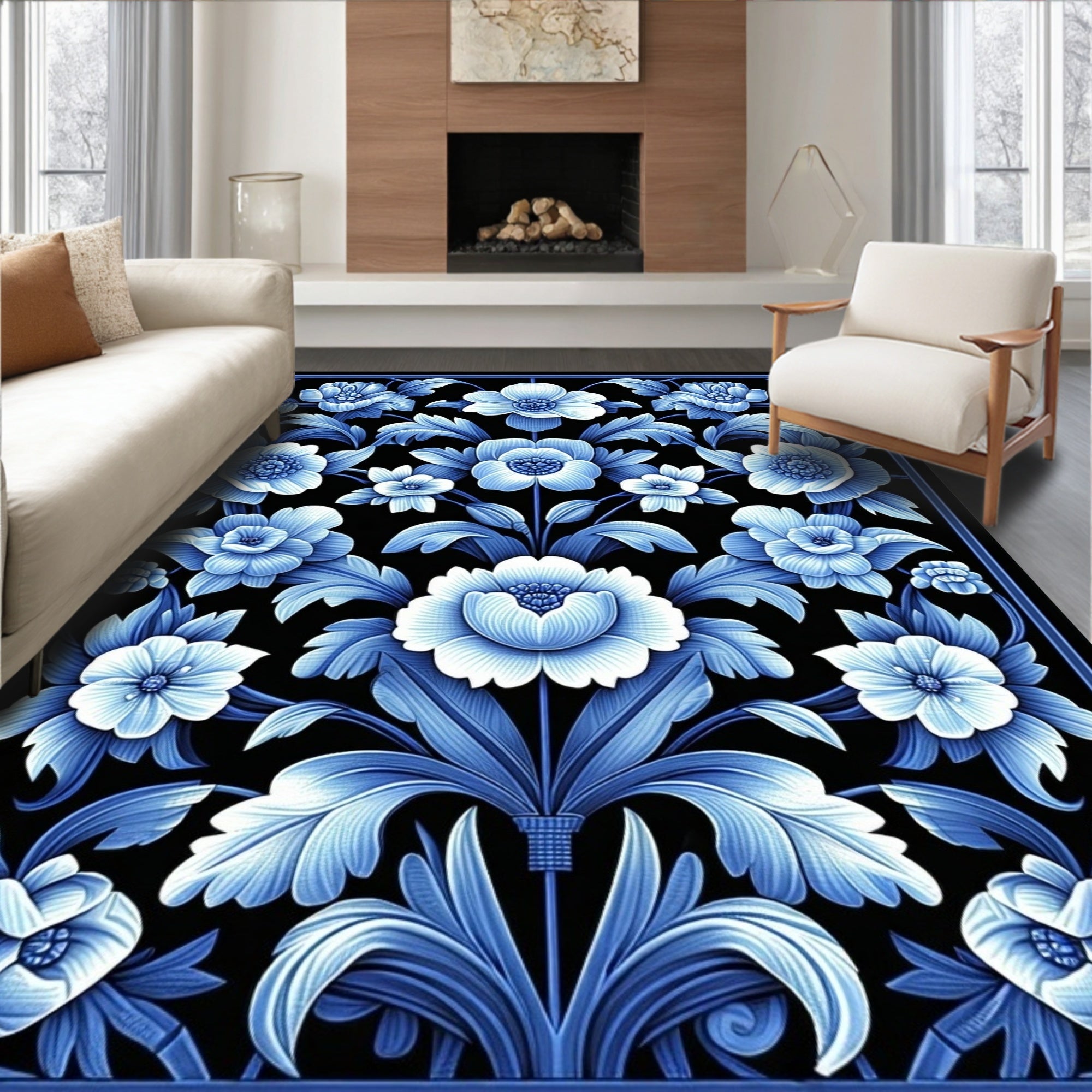 Classic Blue Floral Vine Pattern Rug