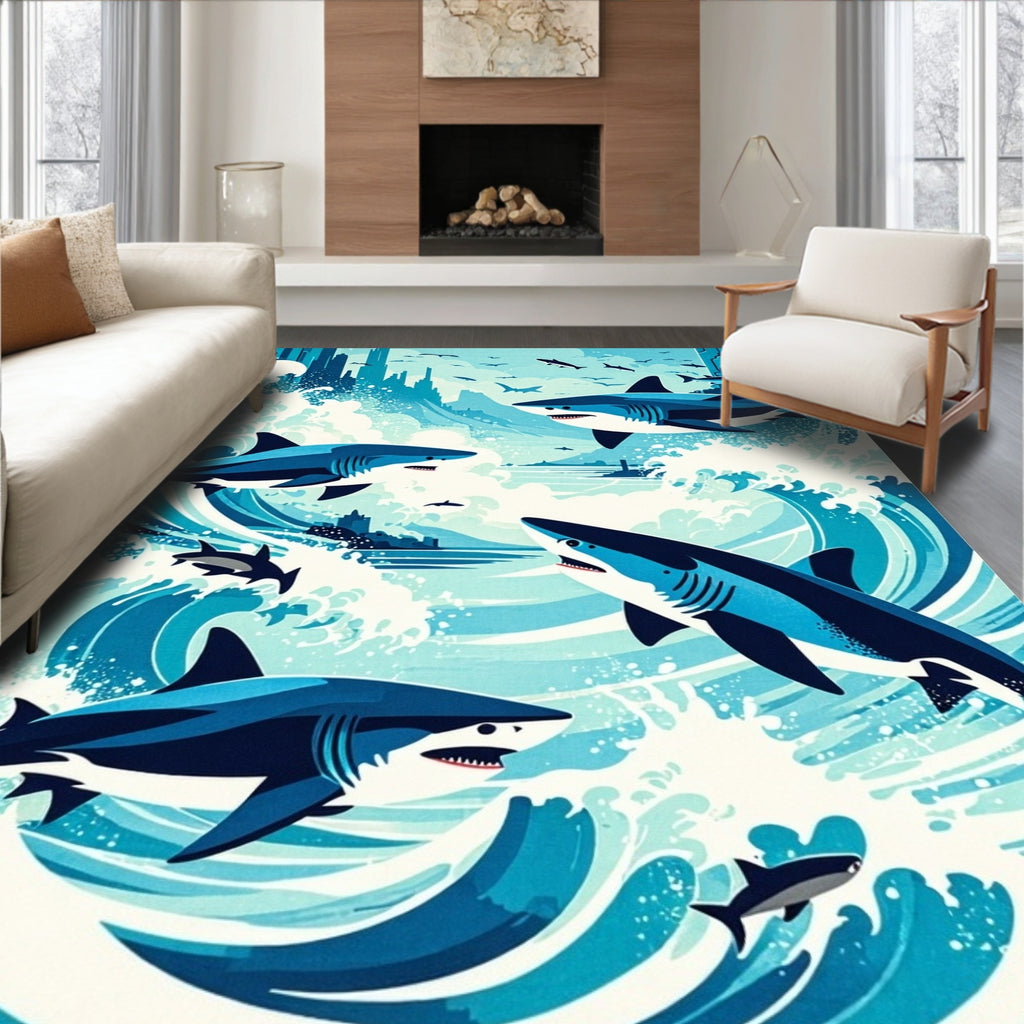 Ocean Sharks In Urban Waves Rug