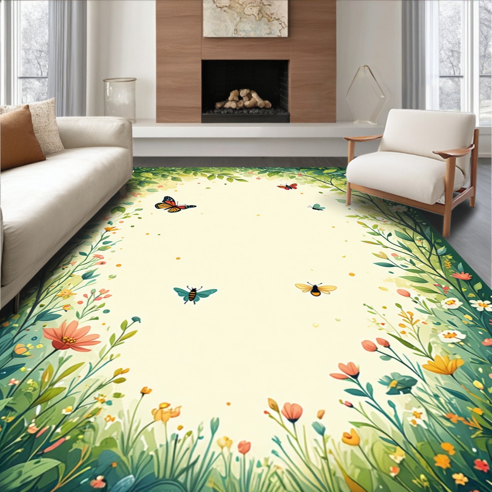 Floral Garden With Butterflies and Bees Rug