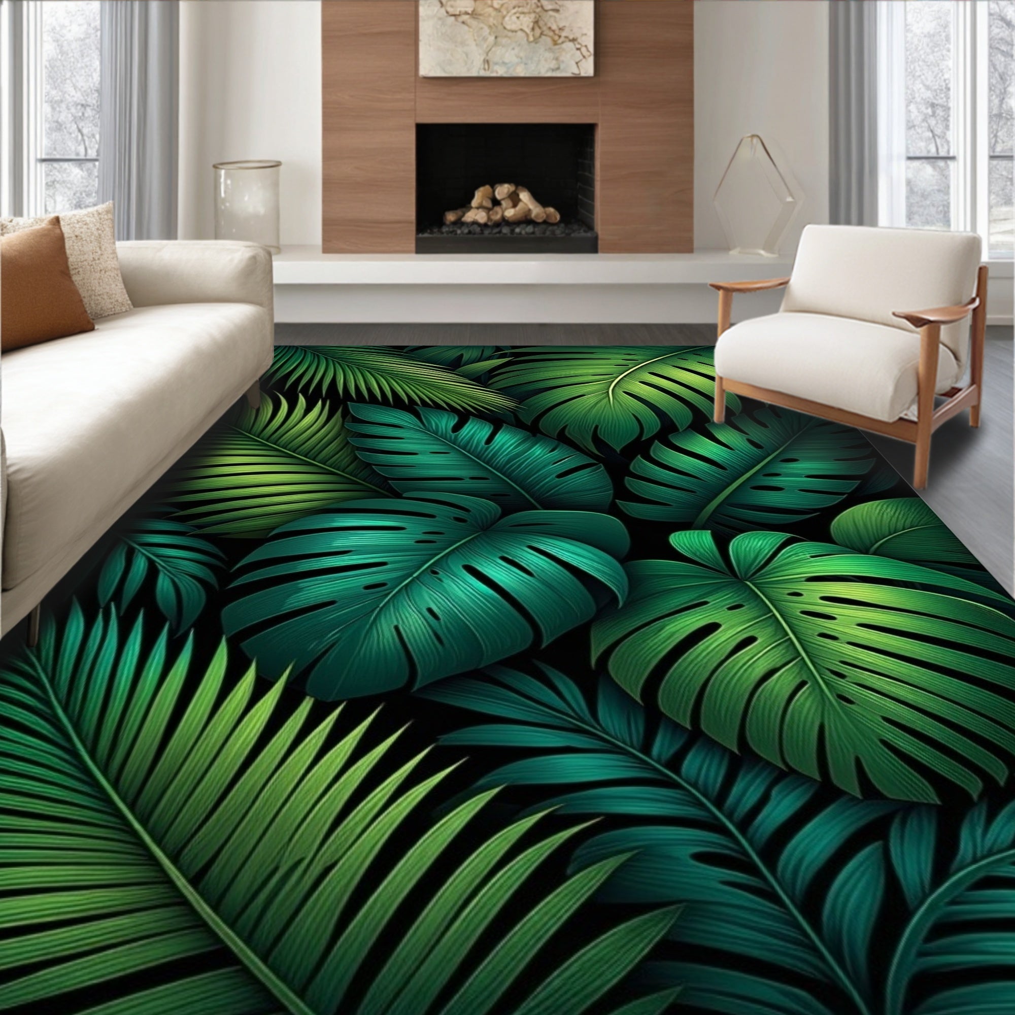 Tropical Green Leaf Pattern Rug