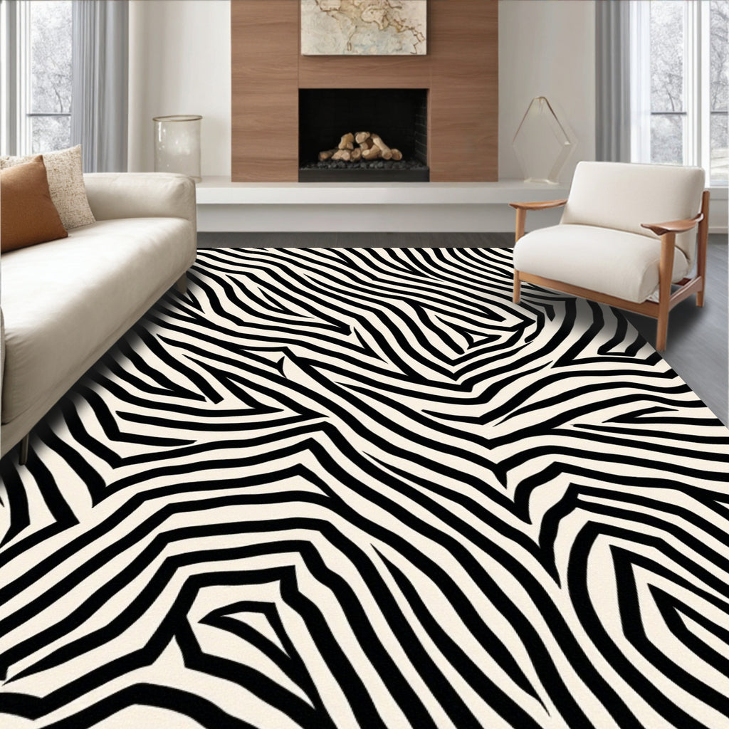 Bold Black White Abstract Wave Pattern Rug