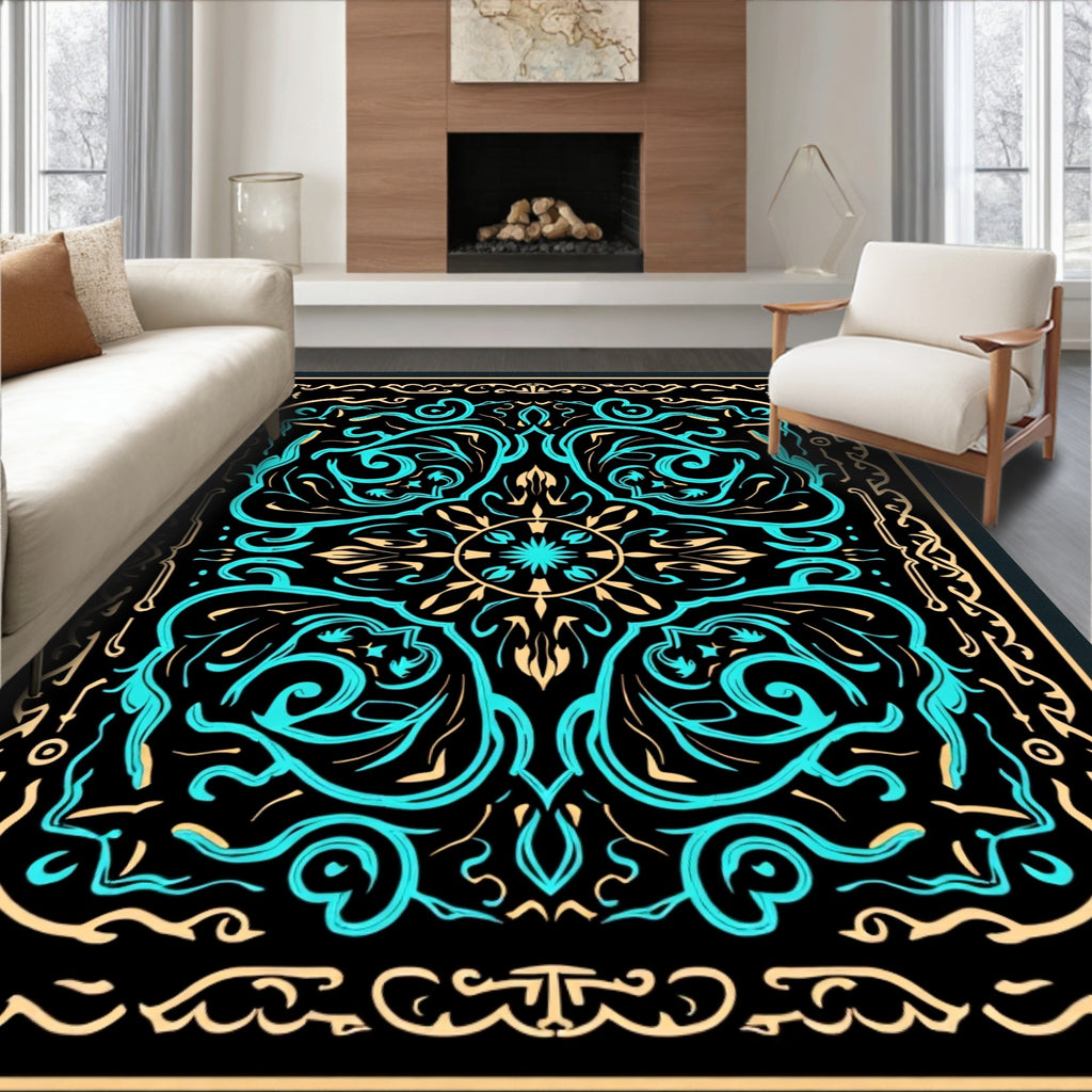 Bold Teal Abstract Swirl Border Rug