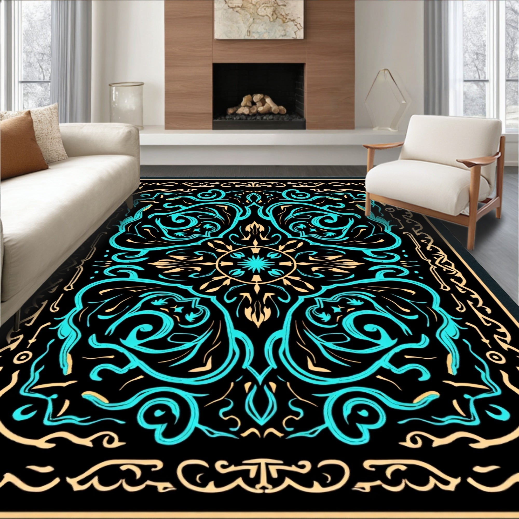 Bold Teal Abstract Swirl Border Rug