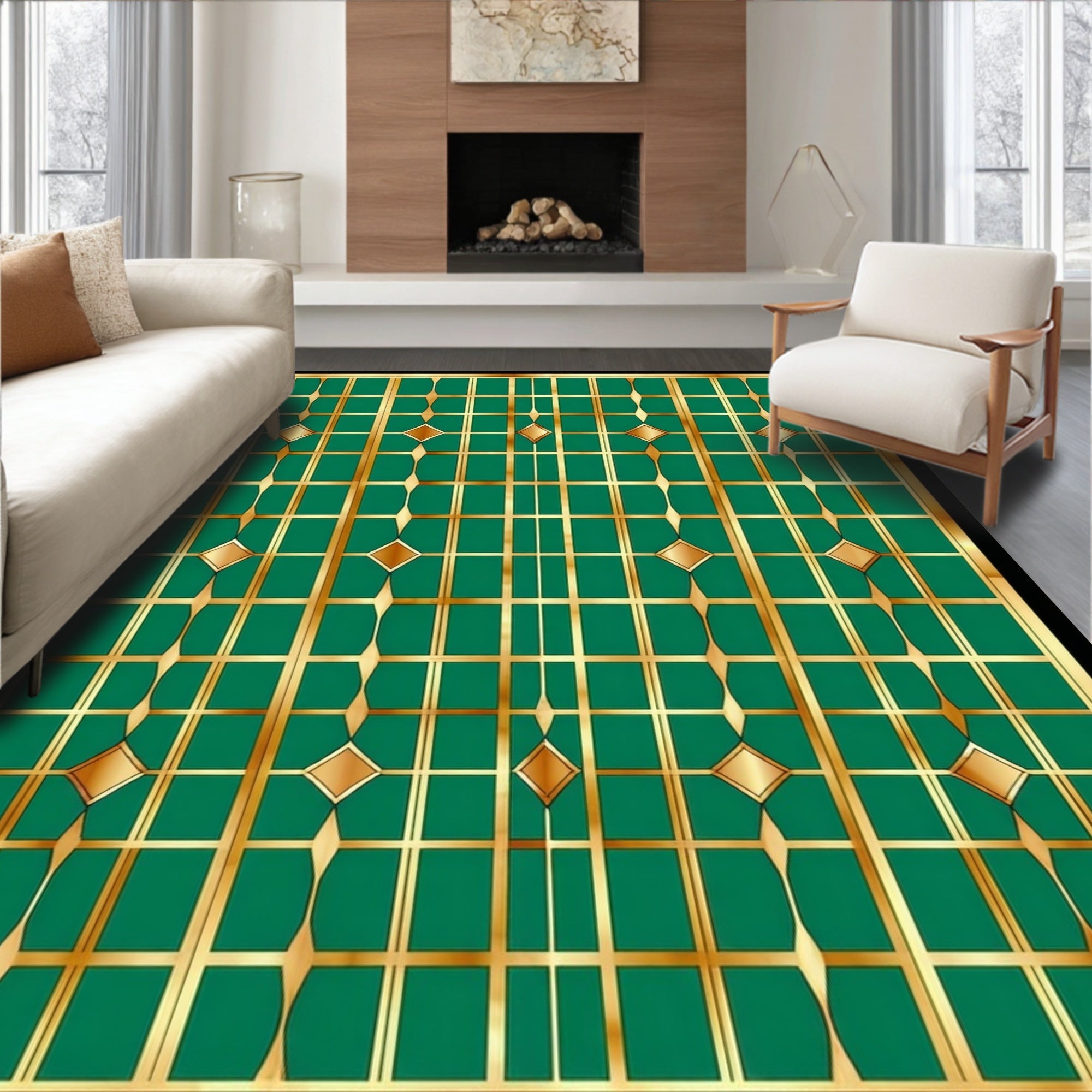 Emerald Gold Geometric Diamond Pattern Rug