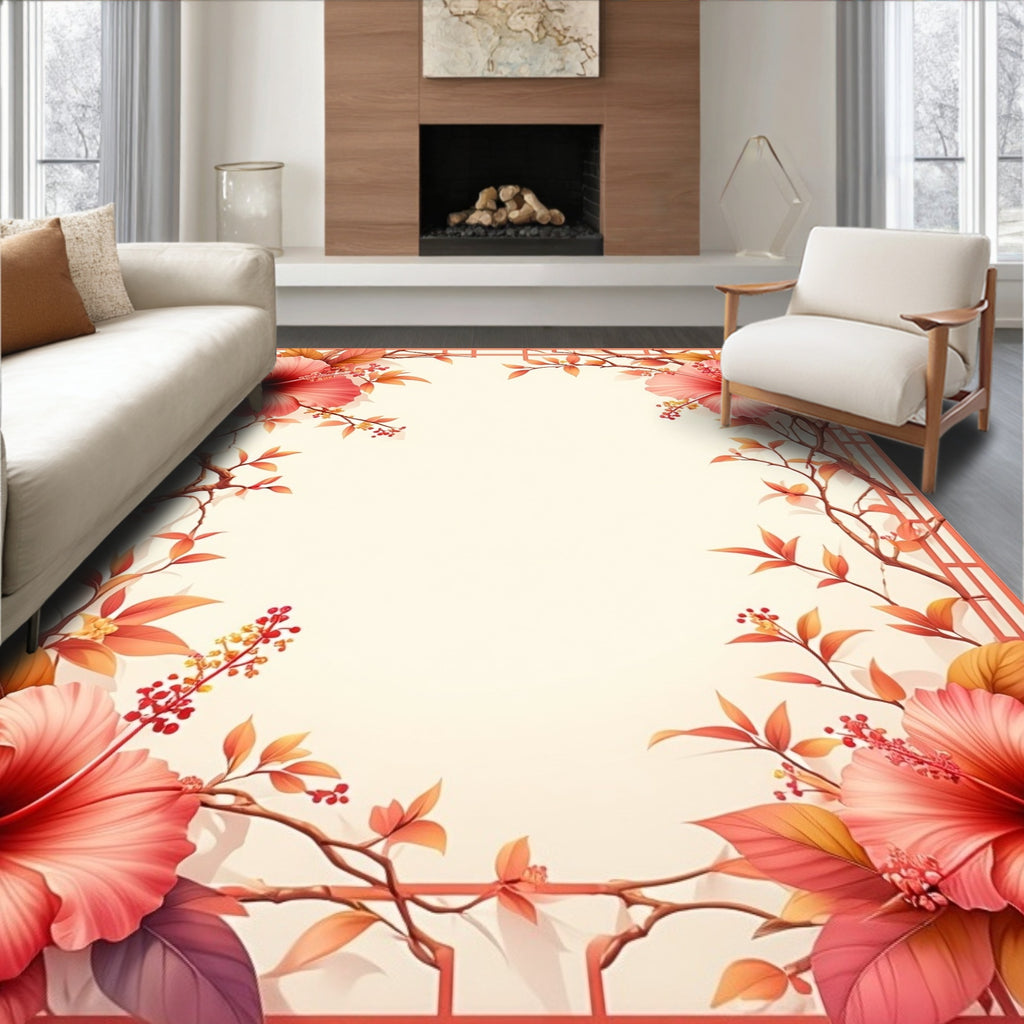 Coral Hibiscus Floral Garden Rug