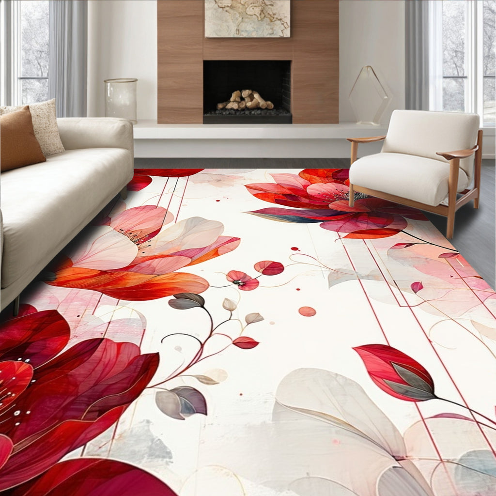 Vibrant Red Floral Watercolor Design Rug