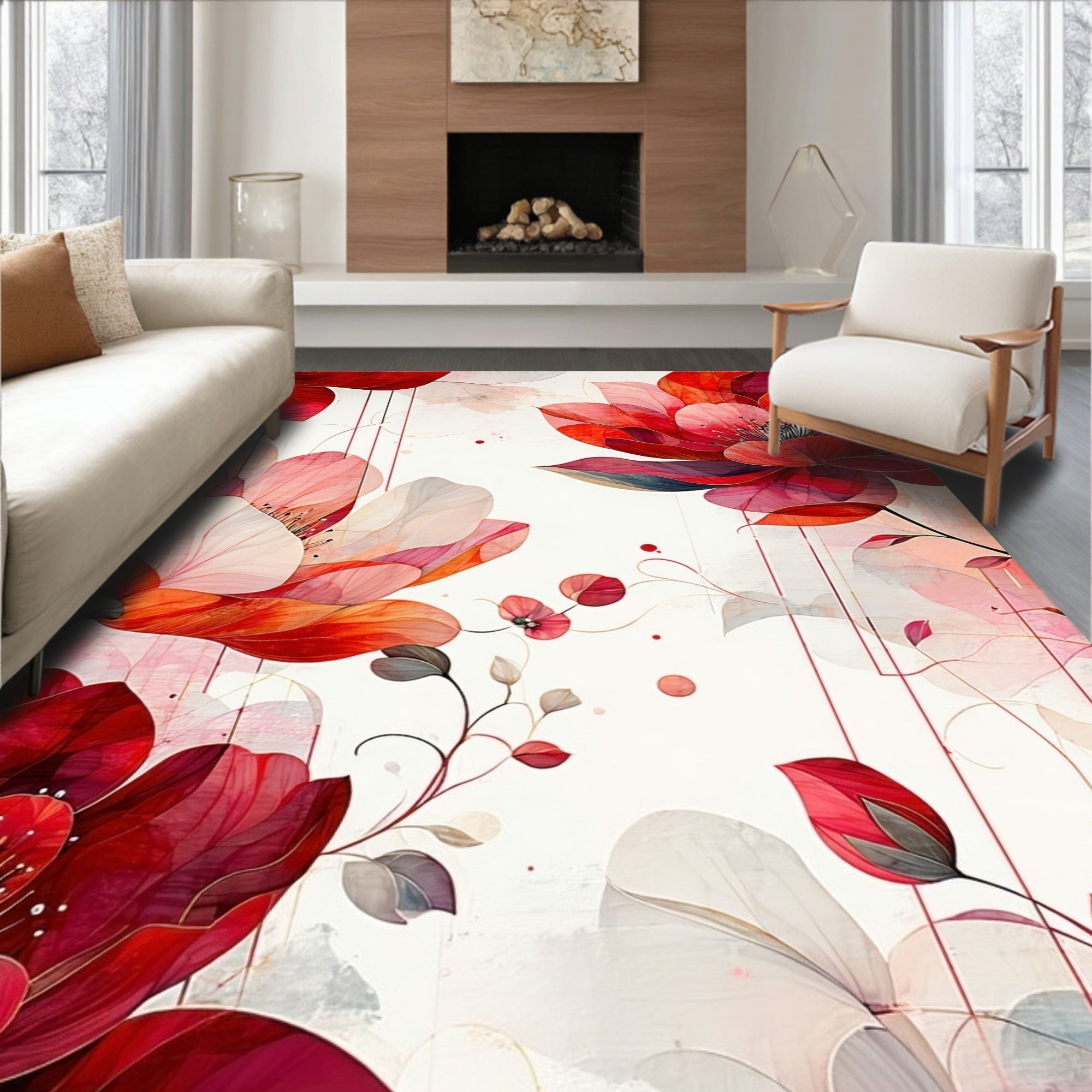 Vibrant Red Floral Watercolor Design Rug