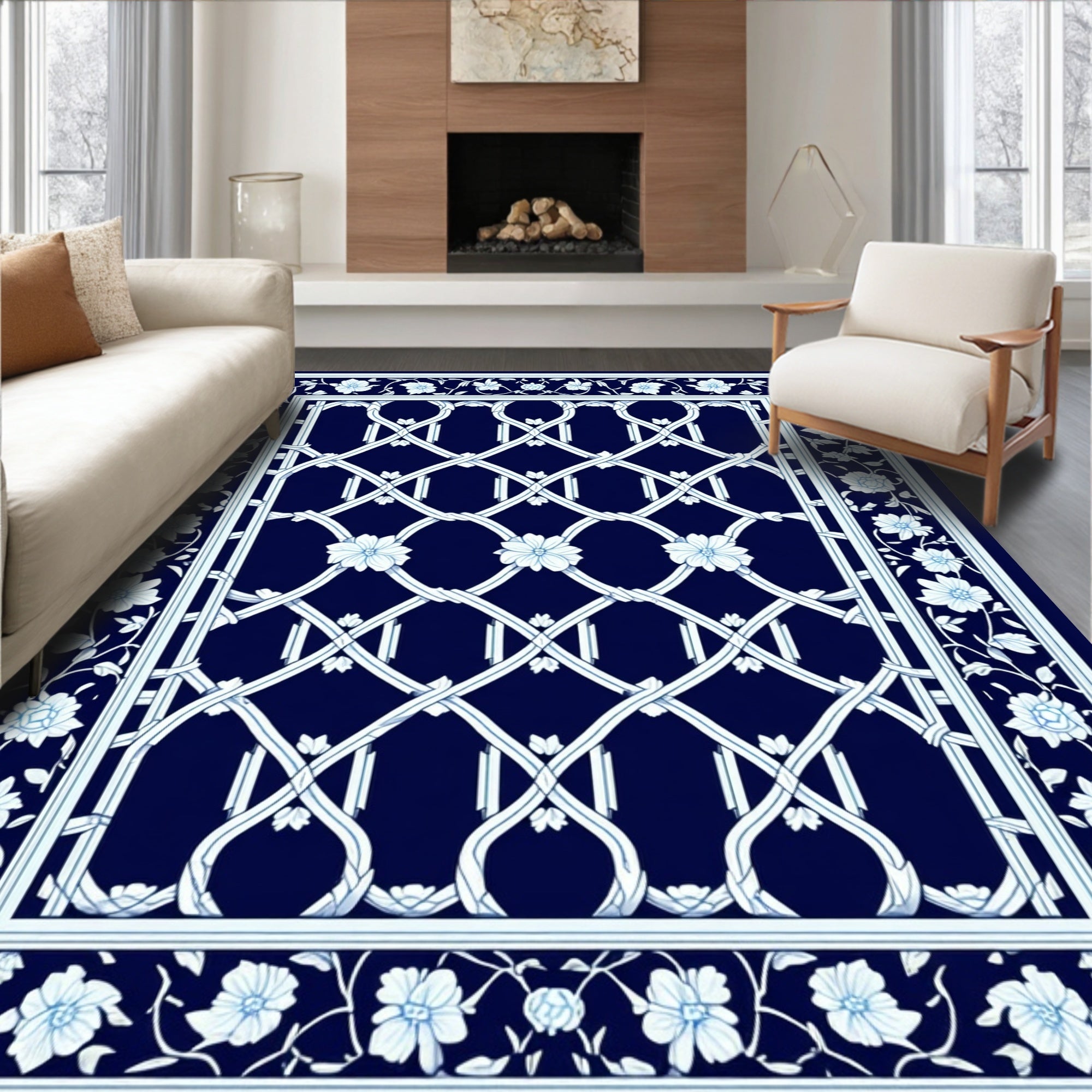 Elegant Blue Floral Lattice Design Rug