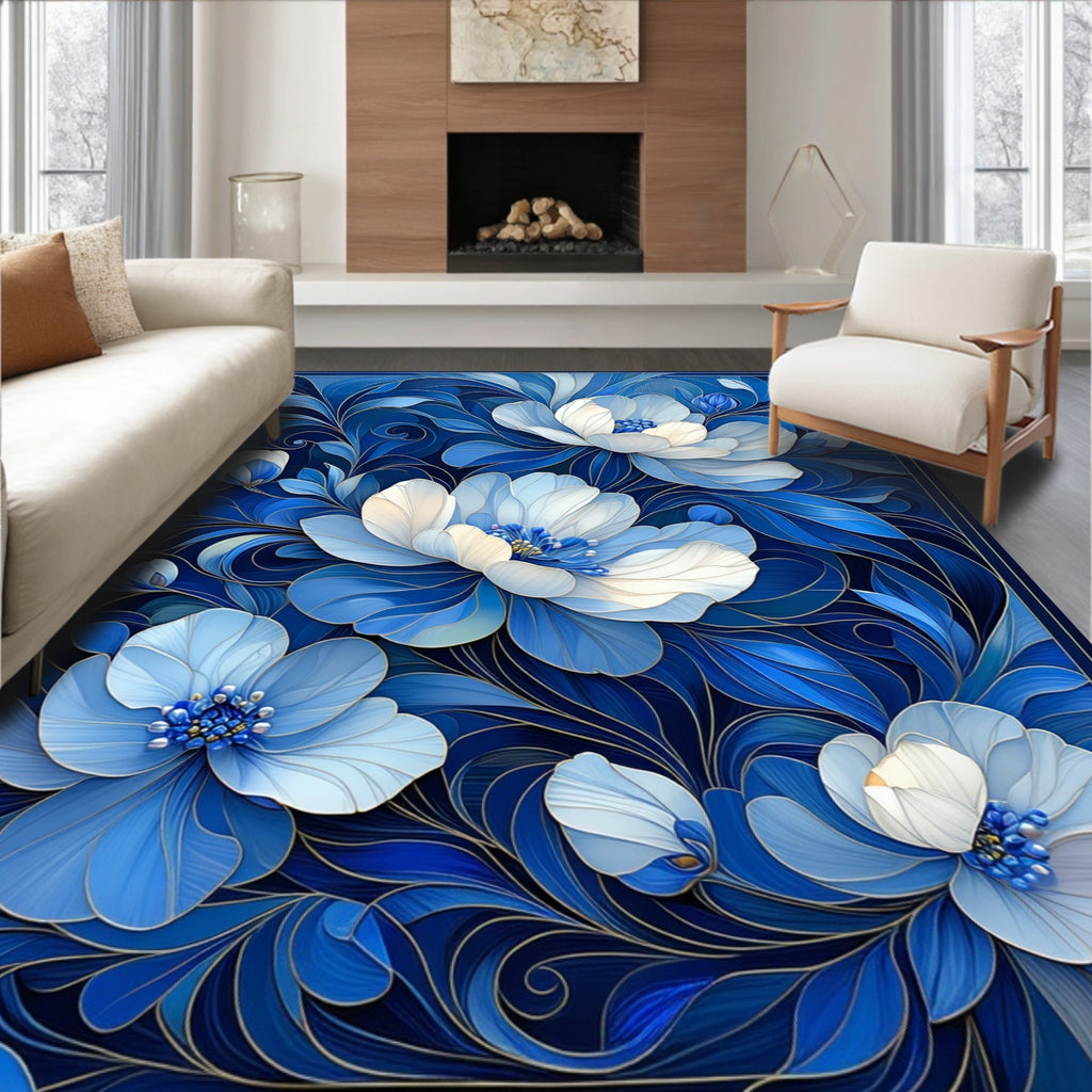 Elegant Blue Floral Swirl Design Rug