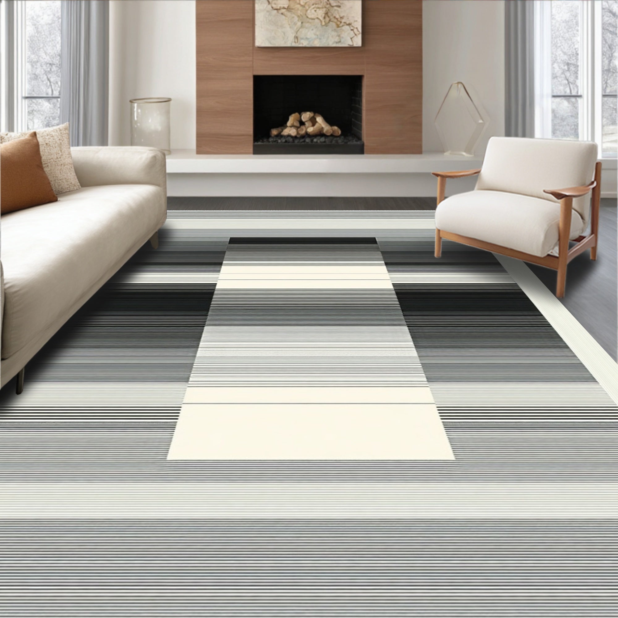 Modern Black White Striped Geometric Rug
