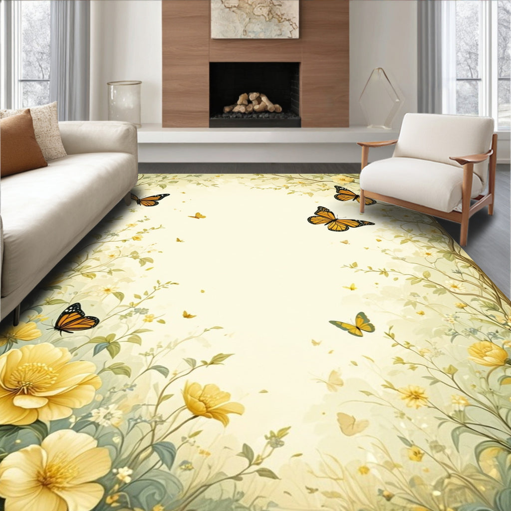 Vintage Yellow Floral Butterfly Pattern Rug