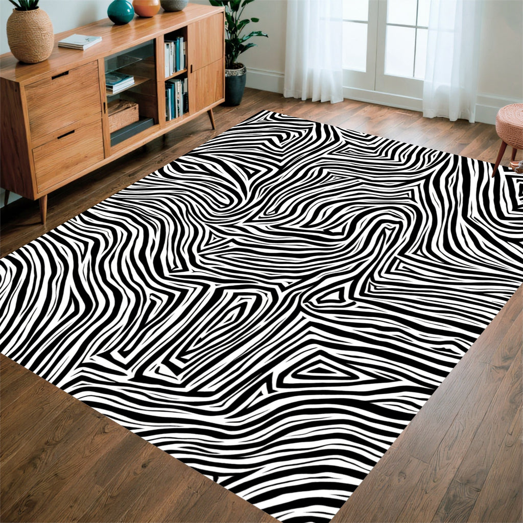 Bold Black White Dynamic Lines Rug