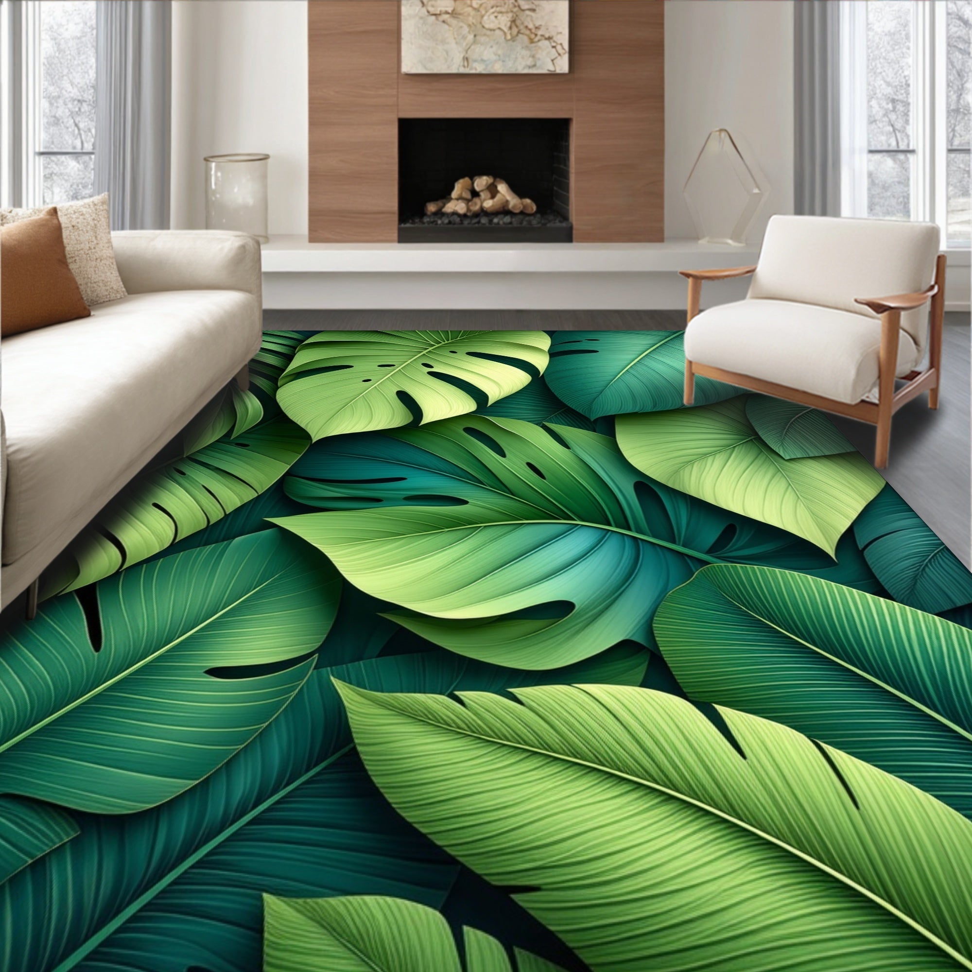 Lush Green Tropical Leaf Pattern Rug